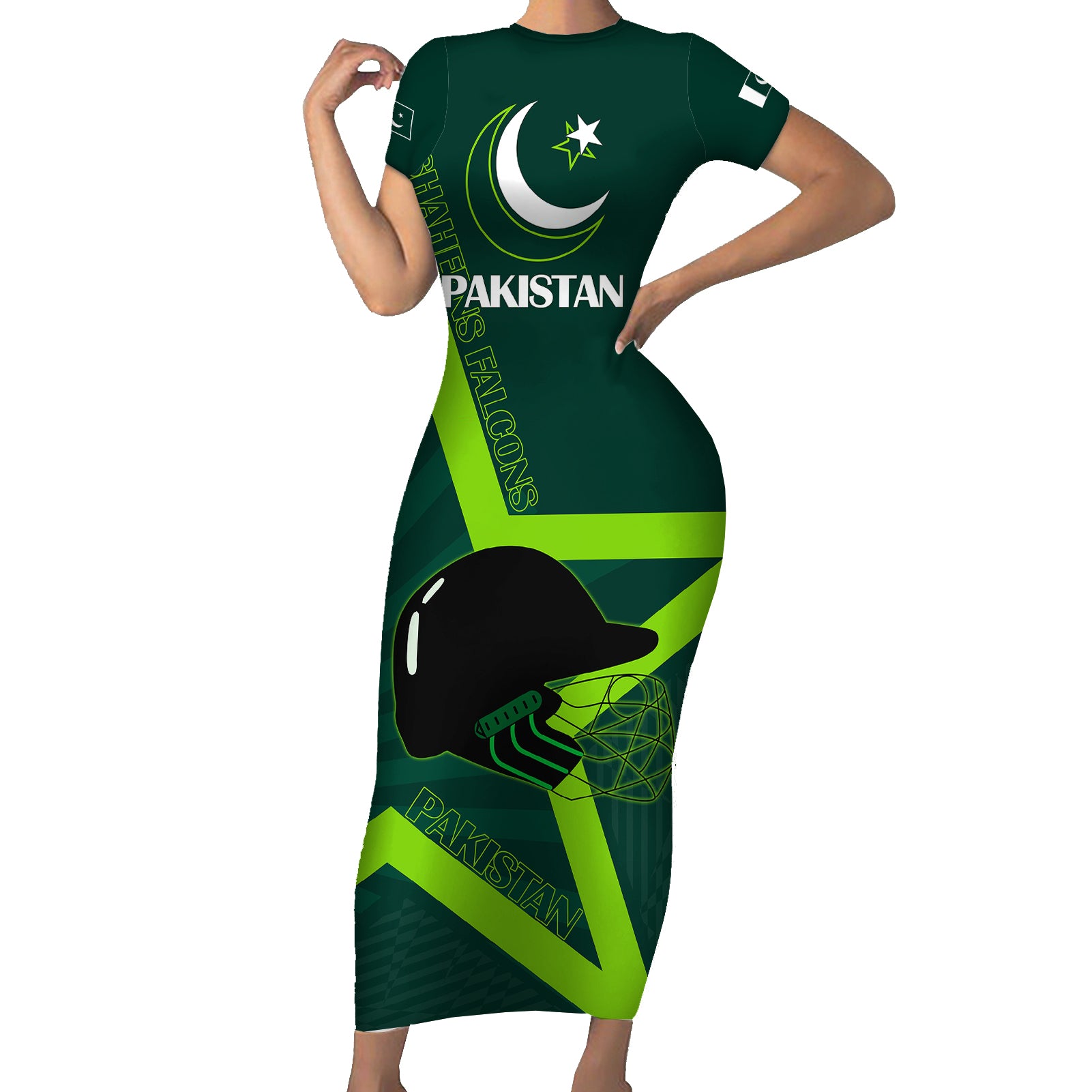 custom-pakistan-cricket-helmet-short-sleeve-bodycon-dress-proud-shaheen-falcon-star-and-crescent