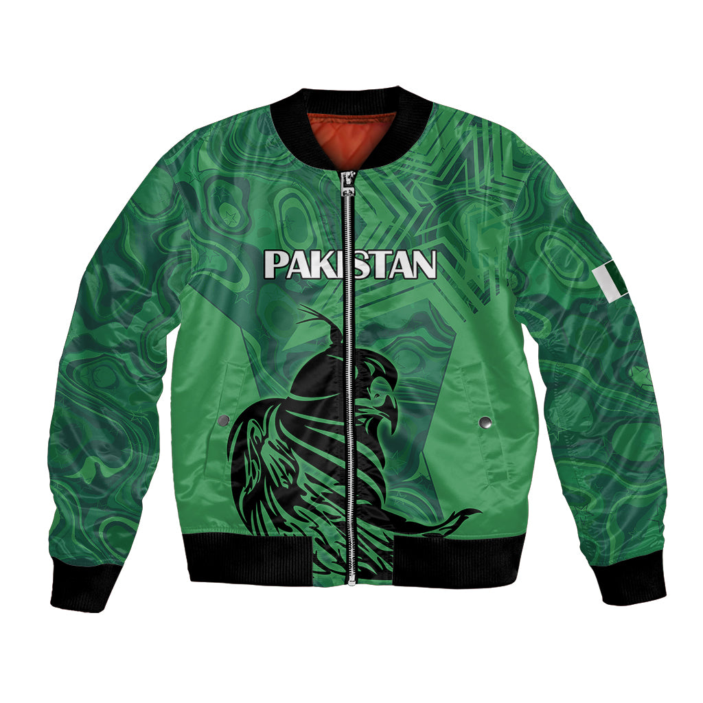Green bomber jacket with front zipper, Pakistan text, black trim, camo pattern