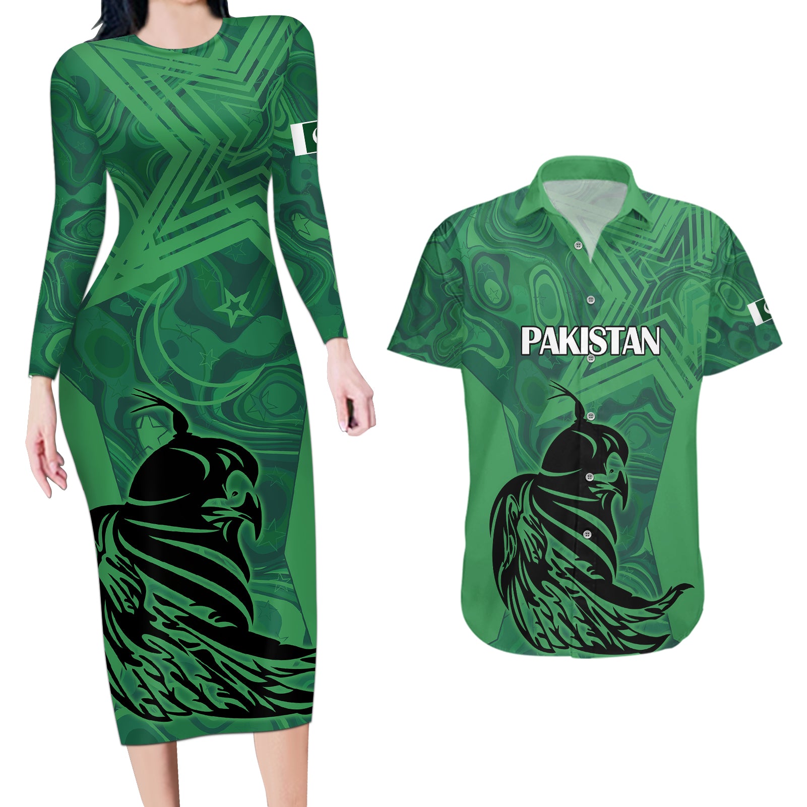 Pakistan Cricket Couples Matching Long Sleeve Bodycon Dress and Hawaiian Shirt Go Falcon World Cup 2023 Sporty Style LT9 - Wonder Print Shop