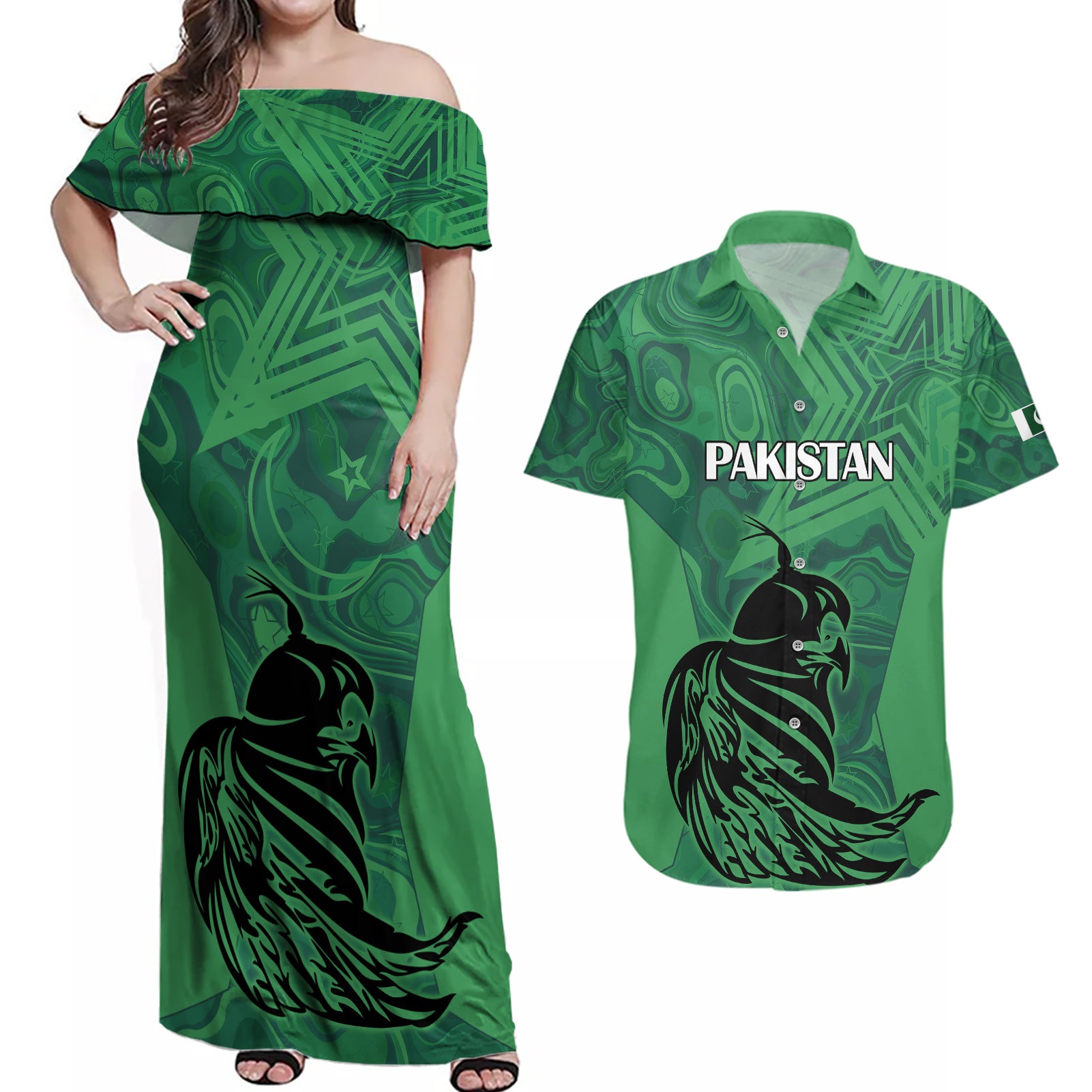 Pakistan Cricket Couples Matching Off Shoulder Maxi Dress and Hawaiian Shirt Go Falcon World Cup 2023 Sporty Style LT9 - Wonder Print Shop