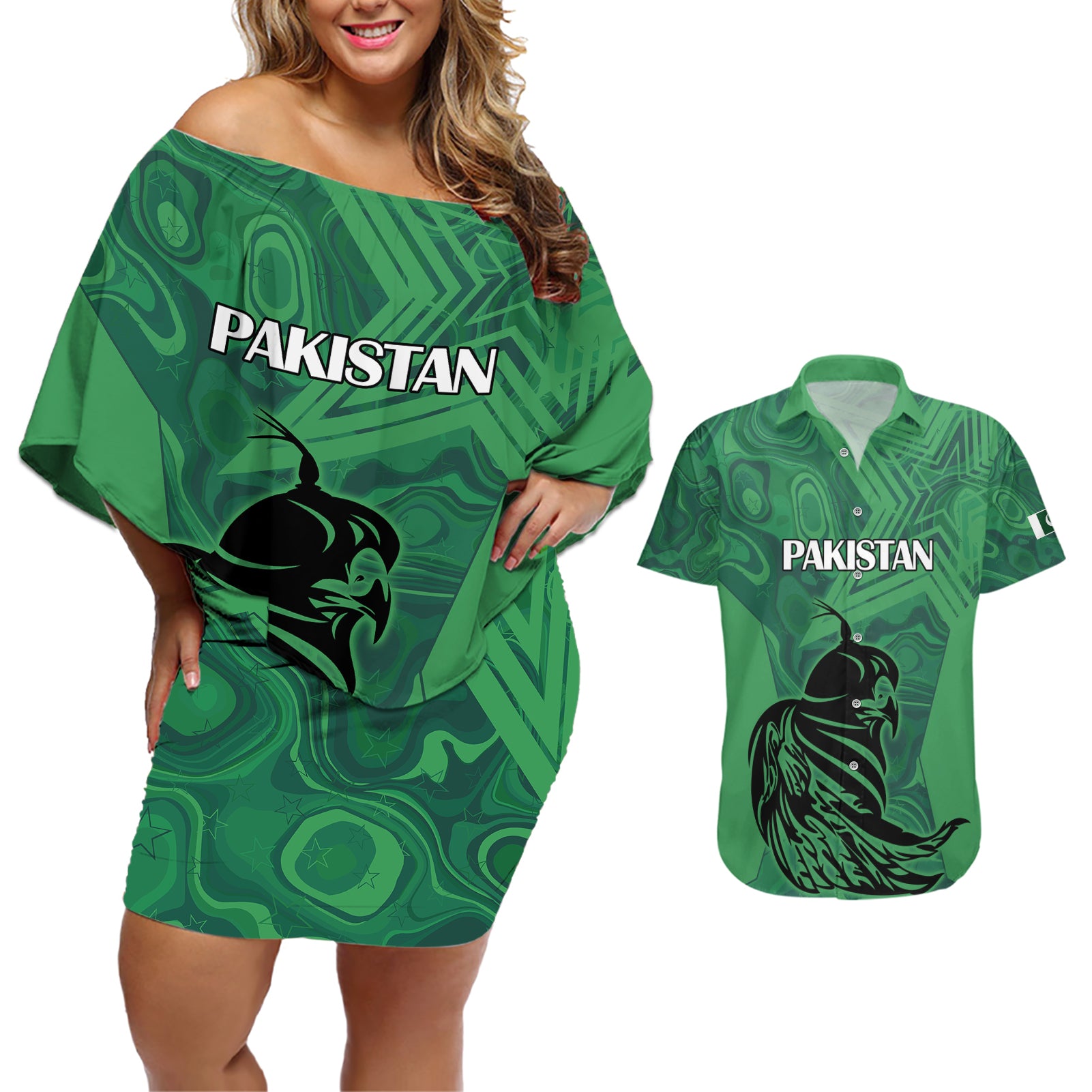 Pakistan Cricket Couples Matching Off Shoulder Short Dress and Hawaiian Shirt Go Falcon World Cup 2023 Sporty Style LT9 - Wonder Print Shop