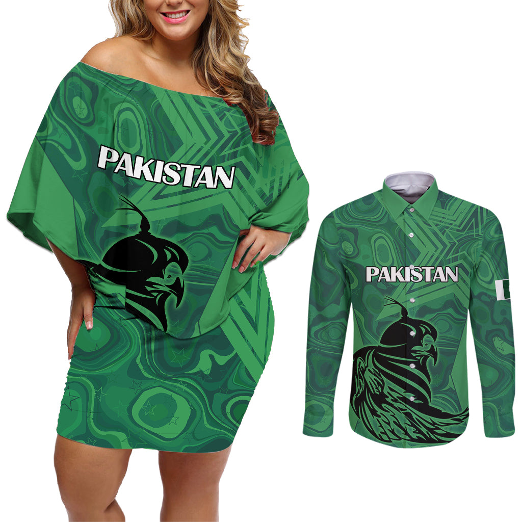 Pakistan Cricket Couples Matching Off Shoulder Short Dress and Long Sleeve Button Shirts Go Falcon World Cup 2023 Sporty Style LT9 - Wonder Print Shop