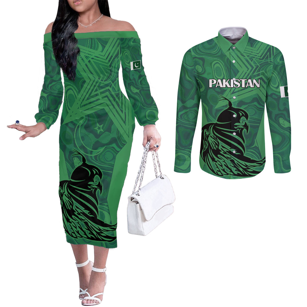 pakistan-cricket-couples-matching-off-the-shoulder-long-sleeve-dress-and-long-sleeve-button-shirts-go-falcon-world-cup-2023-sporty-style