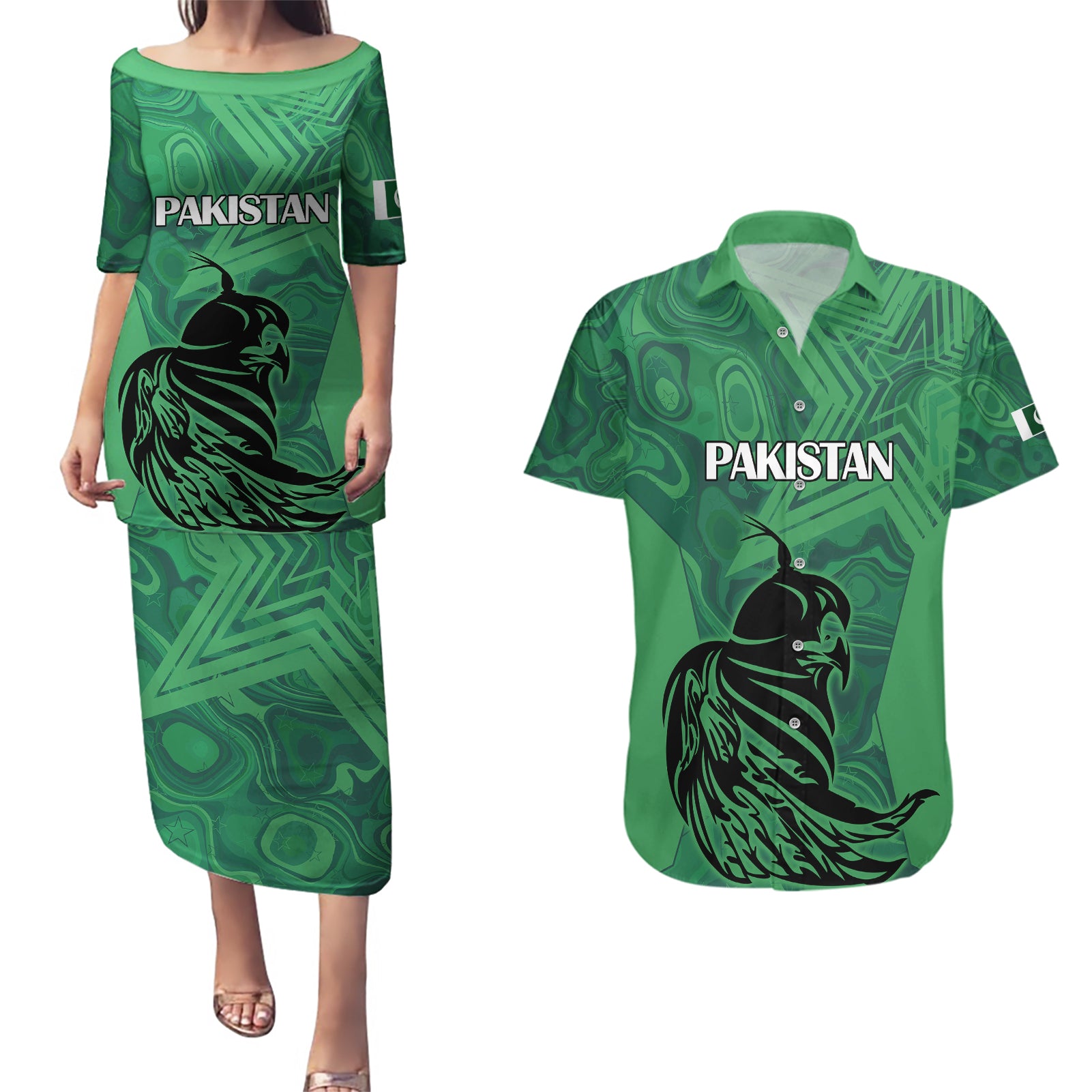 Pakistan Cricket Couples Matching Puletasi Dress and Hawaiian Shirt Go Falcon World Cup 2023 Sporty Style LT9 - Wonder Print Shop