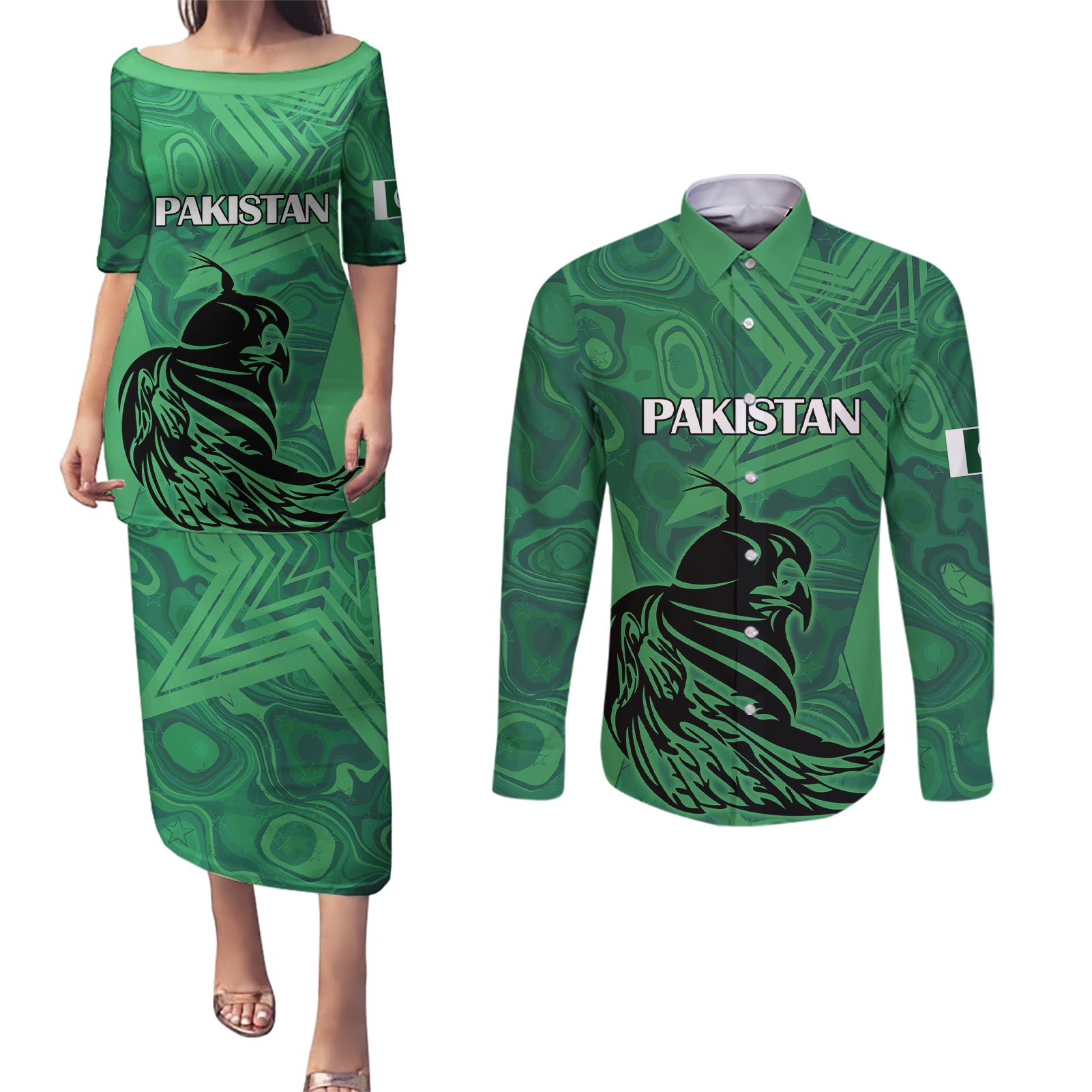 Pakistan Cricket Couples Matching Puletasi Dress and Long Sleeve Button Shirts Go Falcon World Cup 2023 Sporty Style LT9 - Wonder Print Shop