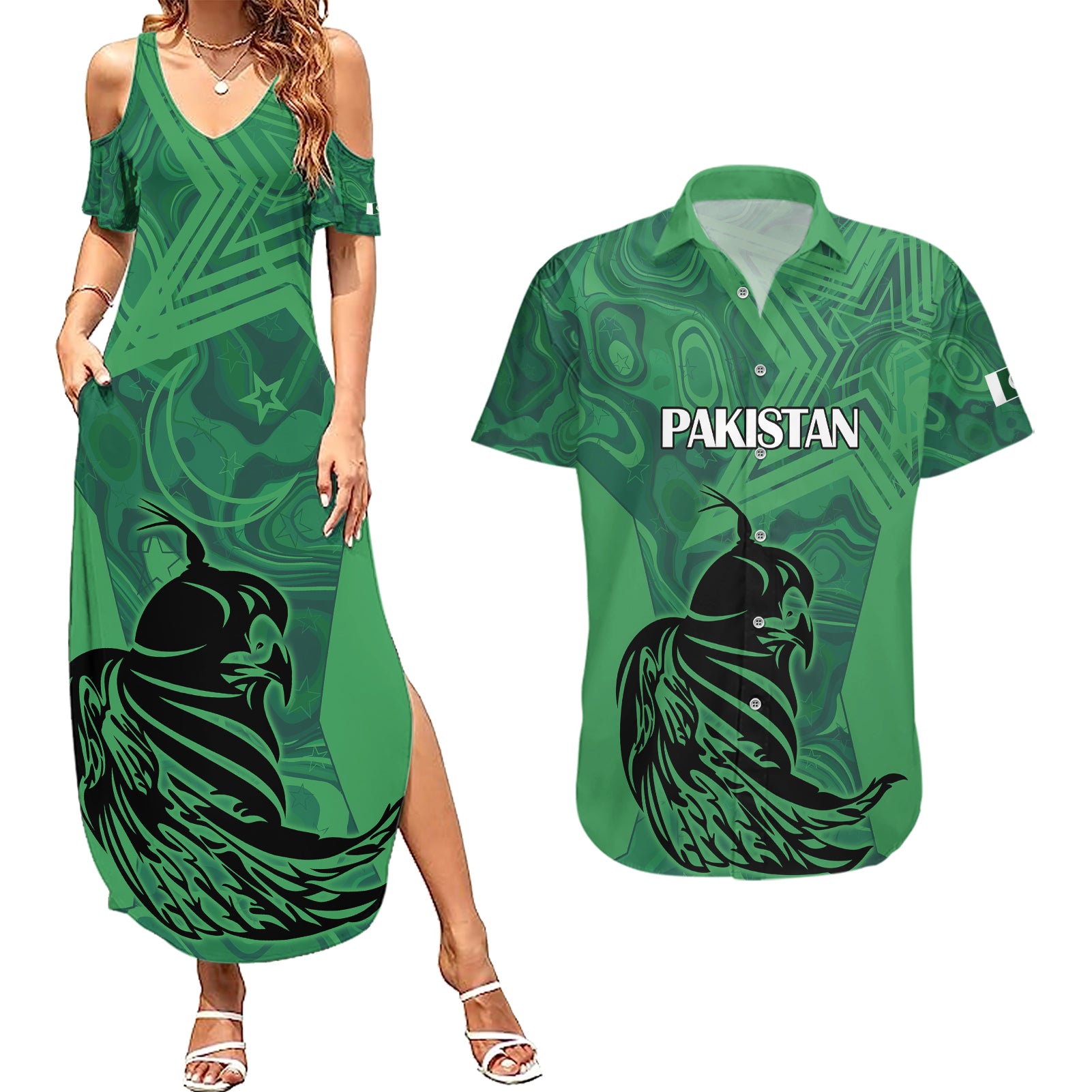 Pakistan Cricket Couples Matching Summer Maxi Dress and Hawaiian Shirt Go Falcon World Cup 2023 Sporty Style LT9 - Wonder Print Shop