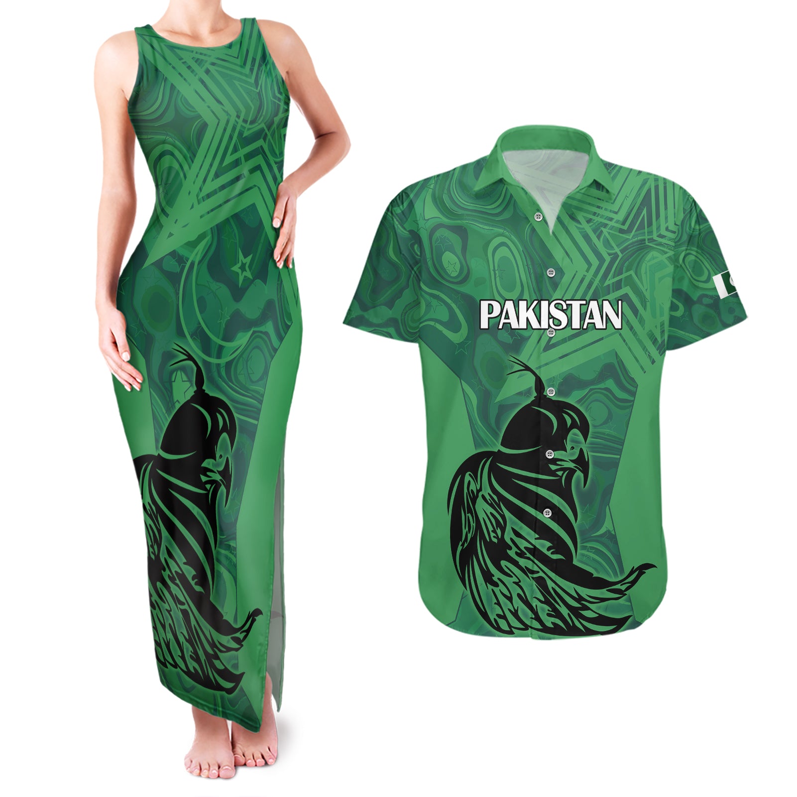 Pakistan Cricket Couples Matching Tank Maxi Dress and Hawaiian Shirt Go Falcon World Cup 2023 Sporty Style LT9 - Wonder Print Shop