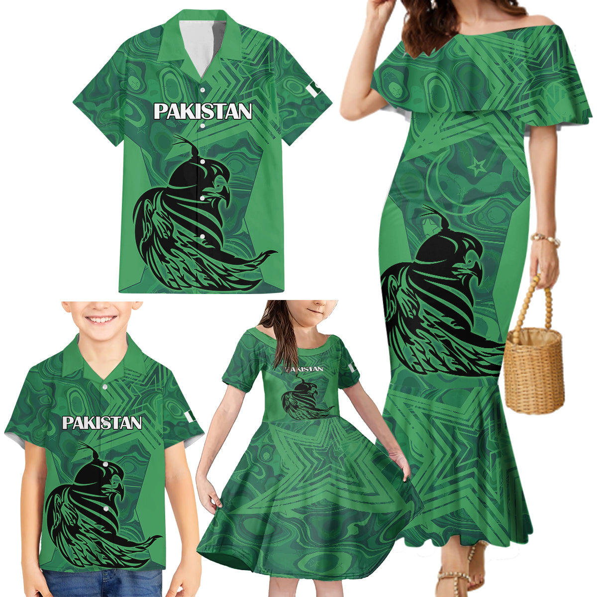 Pakistan Cricket Family Matching Mermaid Dress and Hawaiian Shirt Go Falcon World Cup 2023 Sporty Style LT9 - Wonder Print Shop