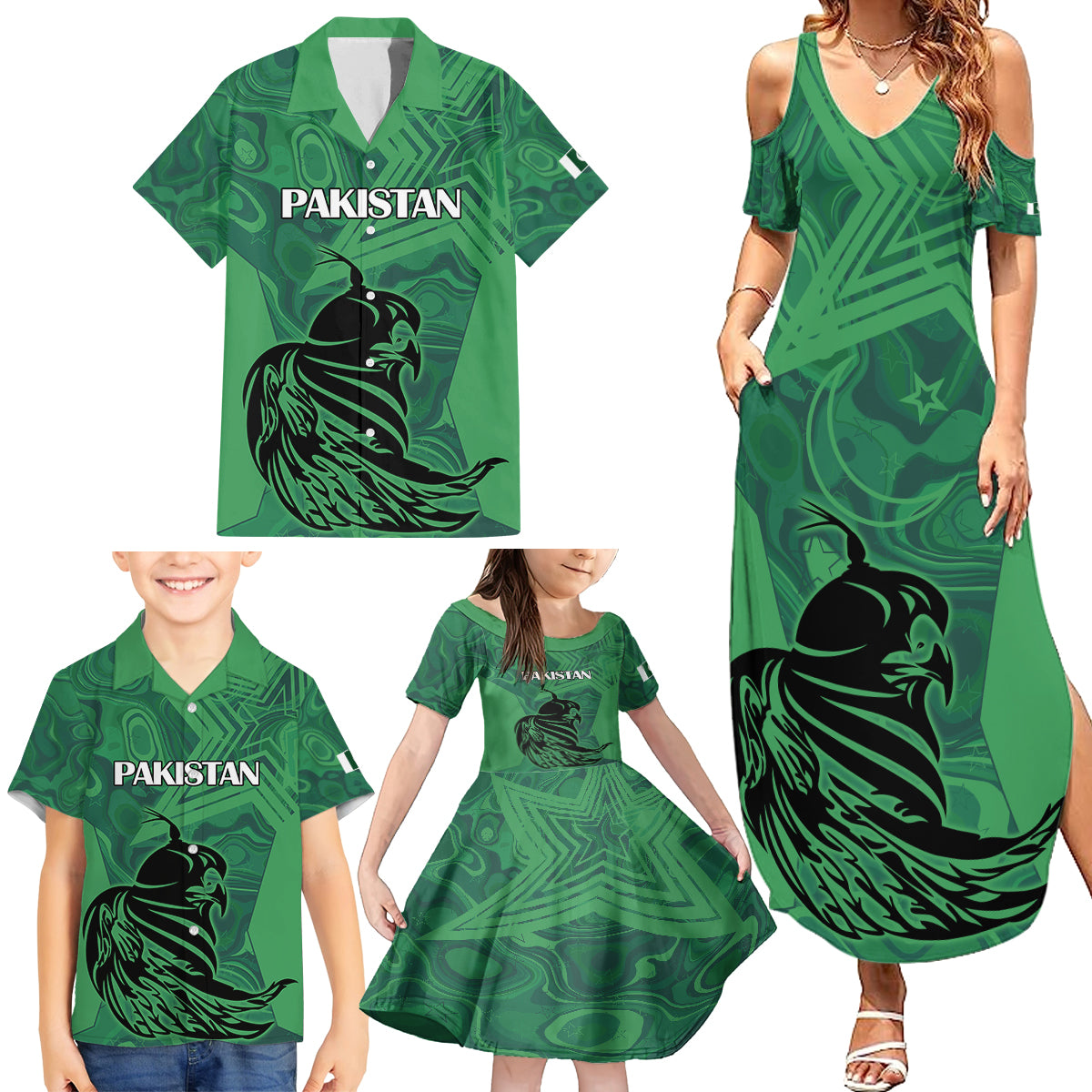 Pakistan Cricket Family Matching Summer Maxi Dress and Hawaiian Shirt Go Falcon World Cup 2023 Sporty Style - Wonder Print Shop