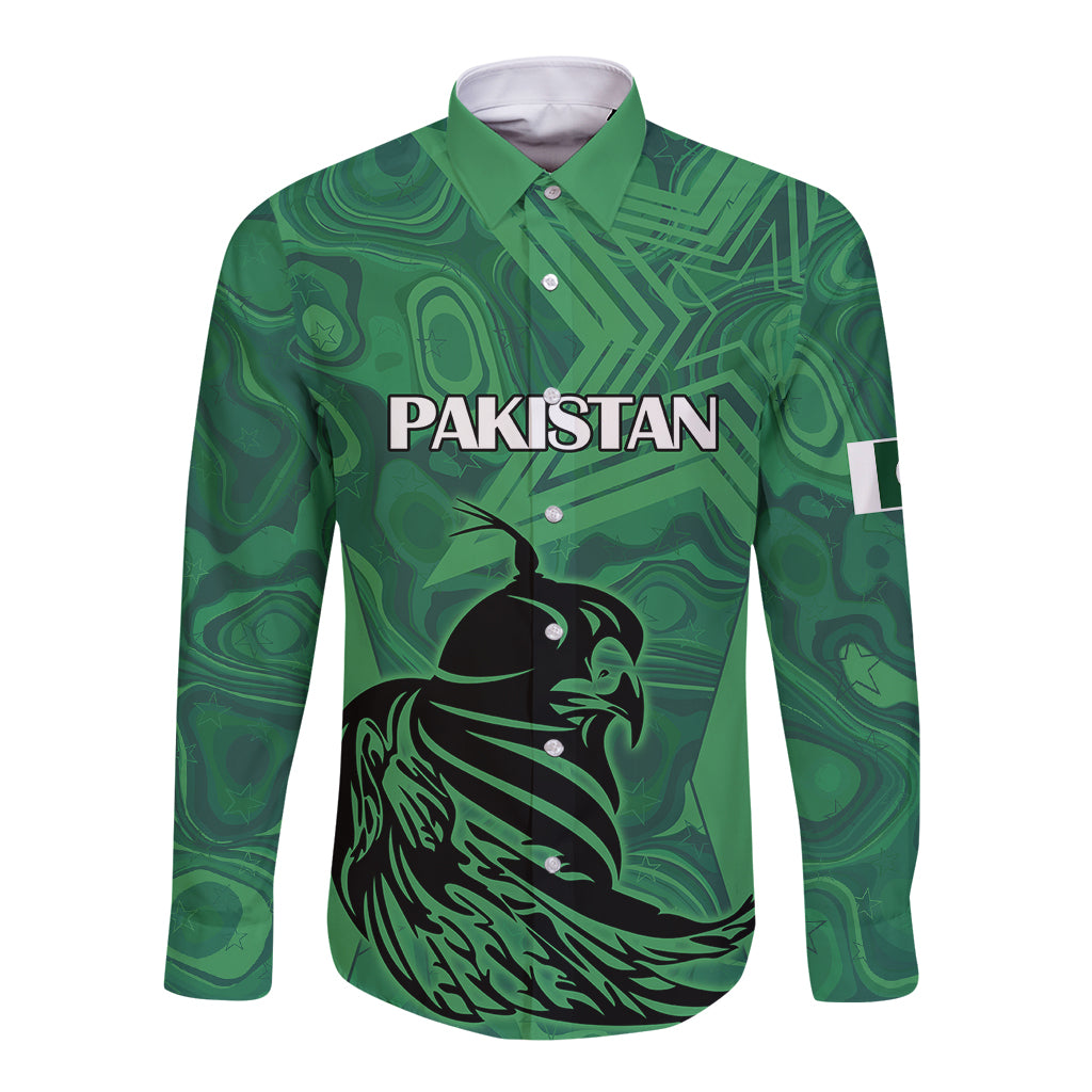 Green long sleeve button shirt with front Pakistan print and falcon graphic