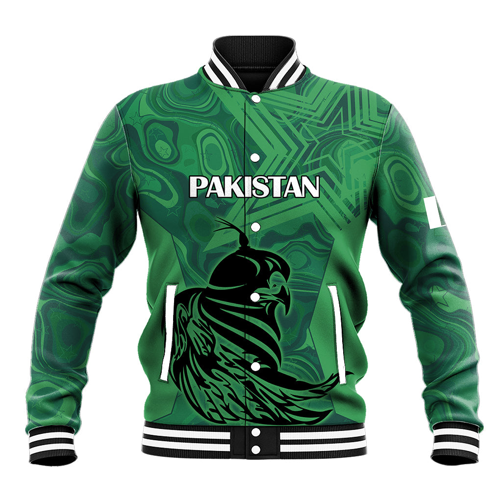 Green baseball jacket with striped rib collar, Pakistan logo graphic on front
