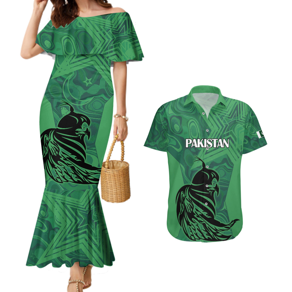 Custom Pakistan Cricket Couples Matching Mermaid Dress and Hawaiian Shirt Go Falcon World Cup 2023 Sporty Style LT9 - Wonder Print Shop