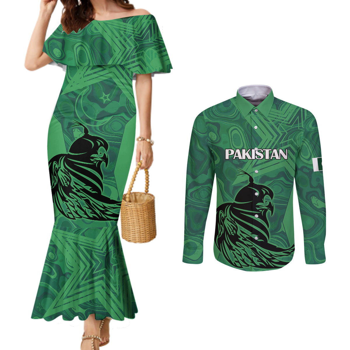 custom-pakistan-cricket-couples-matching-mermaid-dress-and-long-sleeve-button-shirts-go-falcon-world-cup-2023-sporty-style