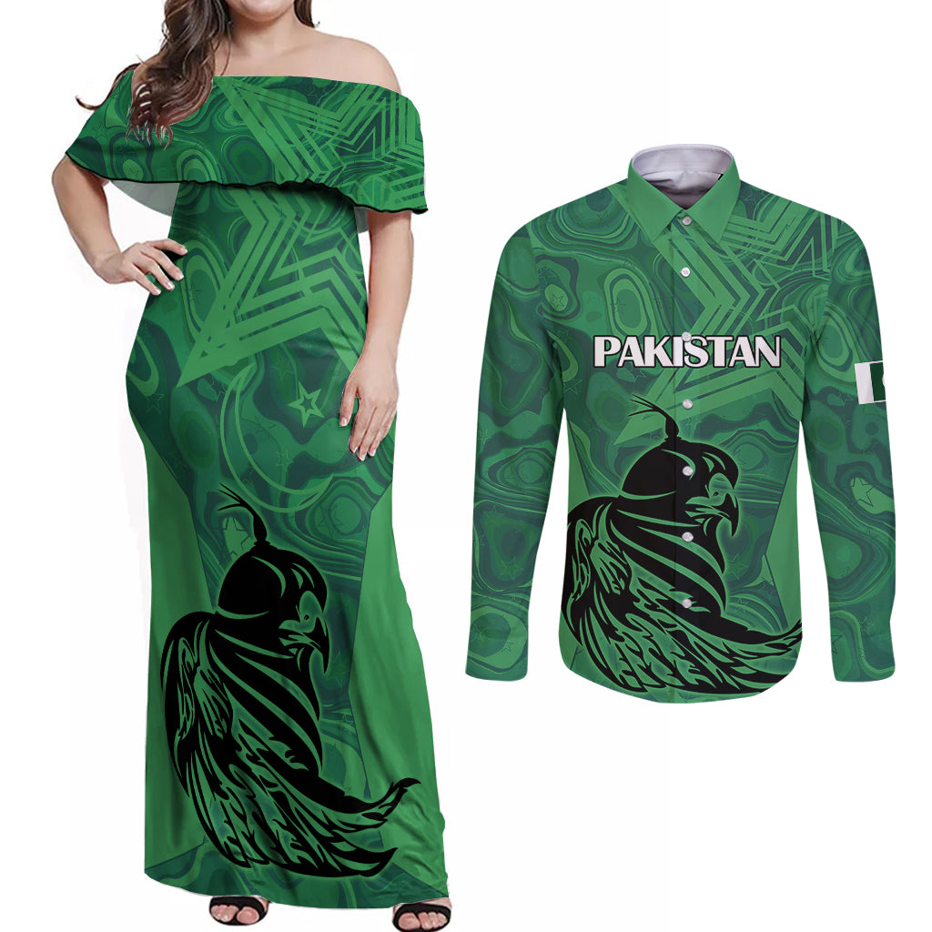 Custom Pakistan Cricket Couples Matching Off Shoulder Maxi Dress and Long Sleeve Button Shirts Go Falcon World Cup 2023 Sporty Style LT9 - Wonder Print Shop