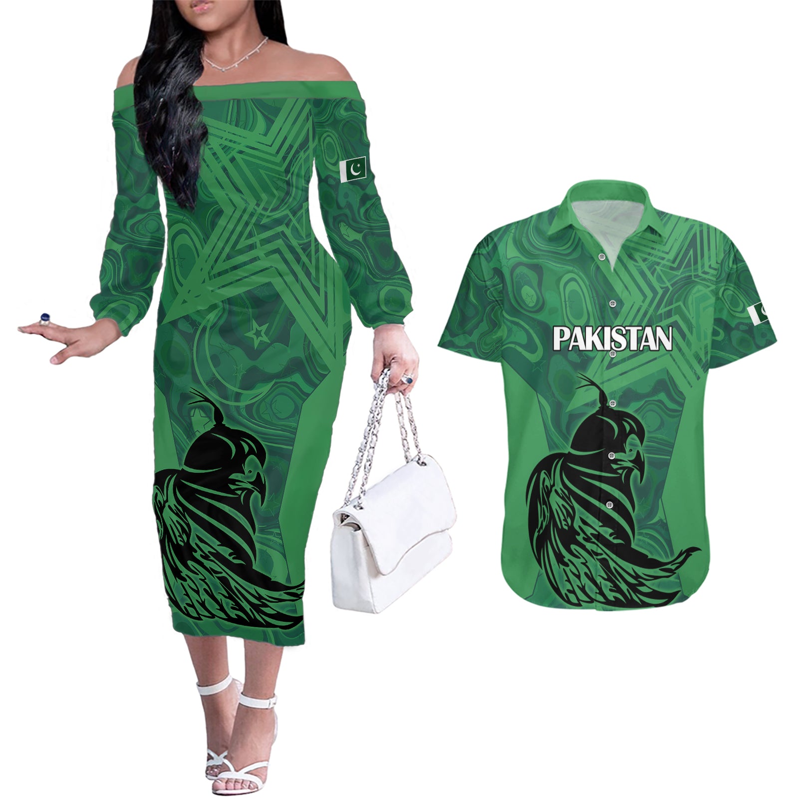 Custom Pakistan Cricket Couples Matching Off The Shoulder Long Sleeve Dress and Hawaiian Shirt Go Falcon World Cup 2023 Sporty Style LT9 - Wonder Print Shop