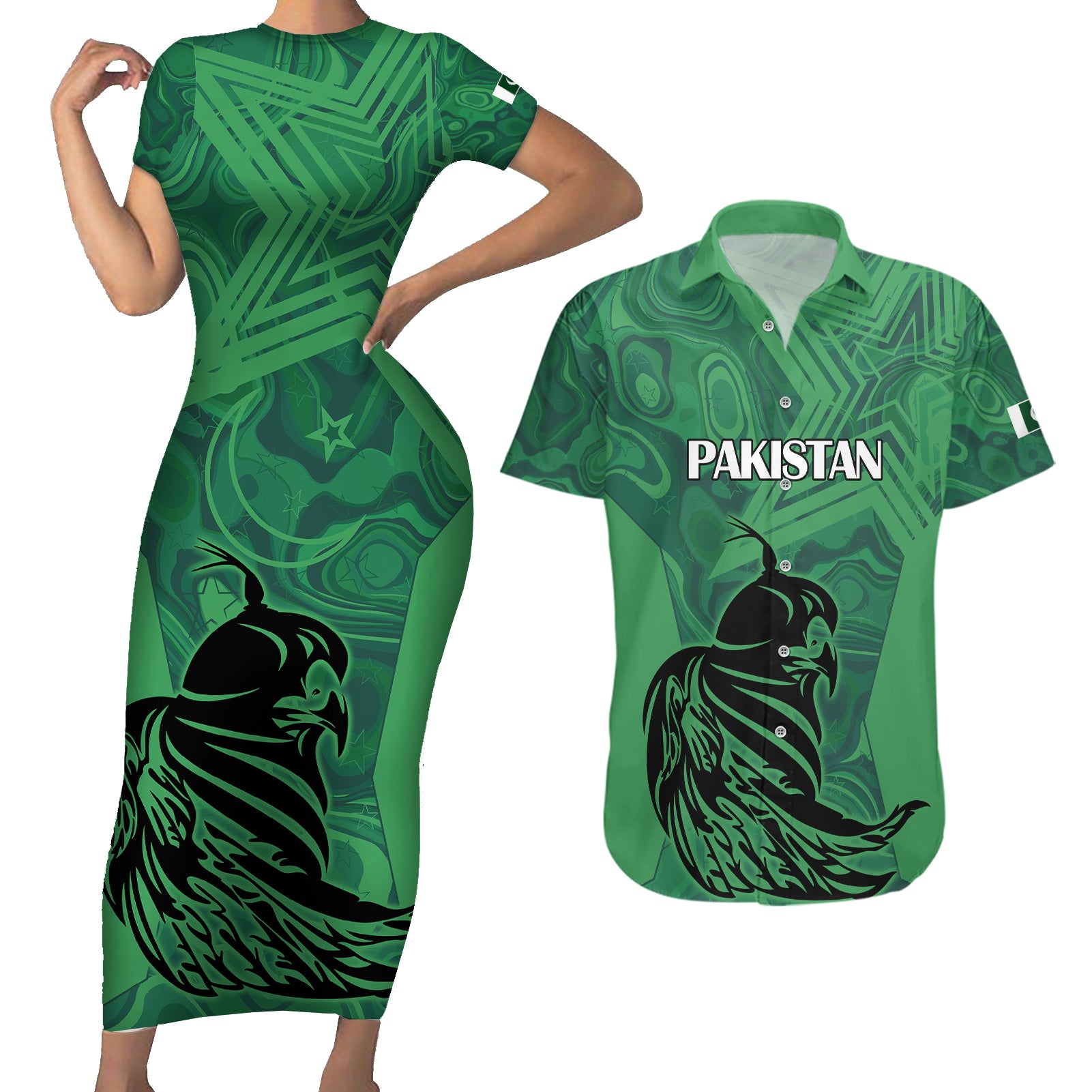 Custom Pakistan Cricket Couples Matching Short Sleeve Bodycon Dress and Hawaiian Shirt Go Falcon World Cup 2023 Sporty Style LT9 - Wonder Print Shop