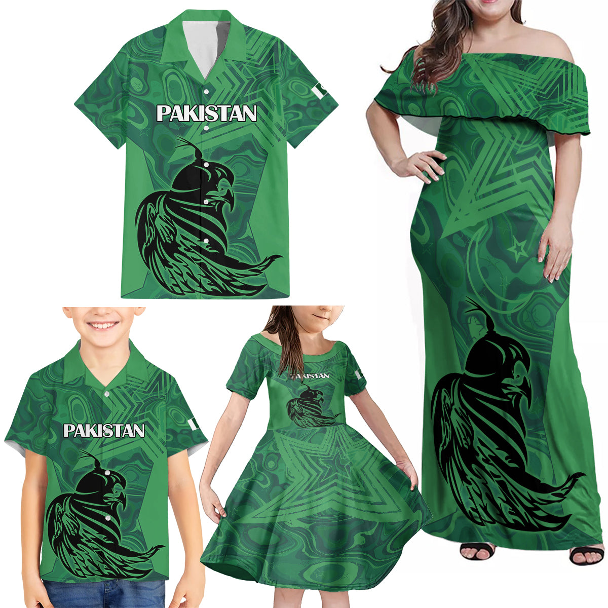 Custom Pakistan Cricket Family Matching Off Shoulder Maxi Dress and Hawaiian Shirt Go Falcon World Cup 2023 Sporty Style LT9 - Wonder Print Shop