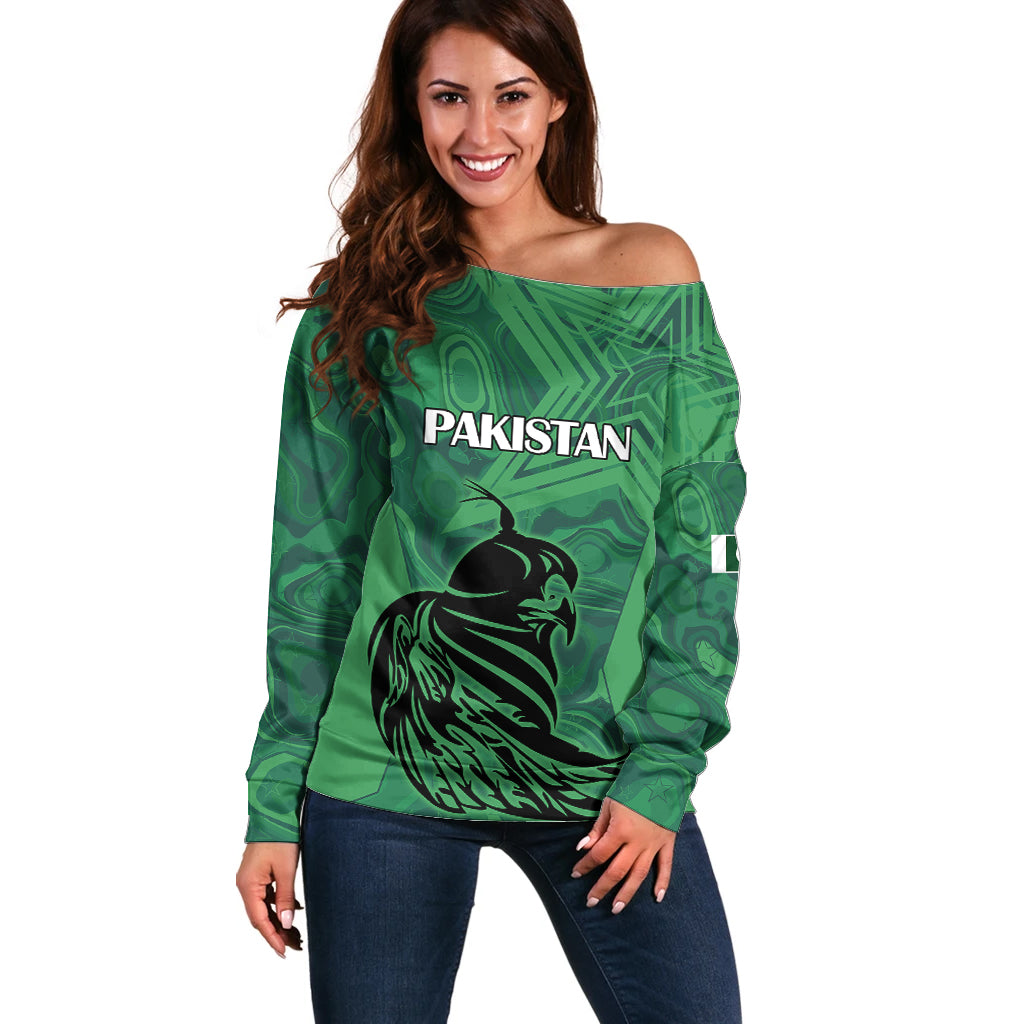 Custom Pakistan Cricket Off Shoulder Sweater Go Falcon World Cup 2023 Sporty Style - Wonder Print Shop