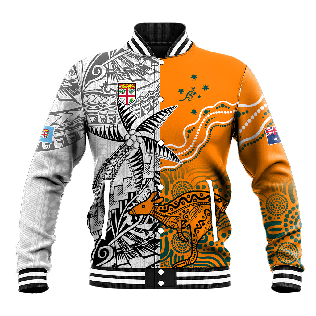 Gold and black baseball jacket with white tribal print, ribbed striped collar and cuffs