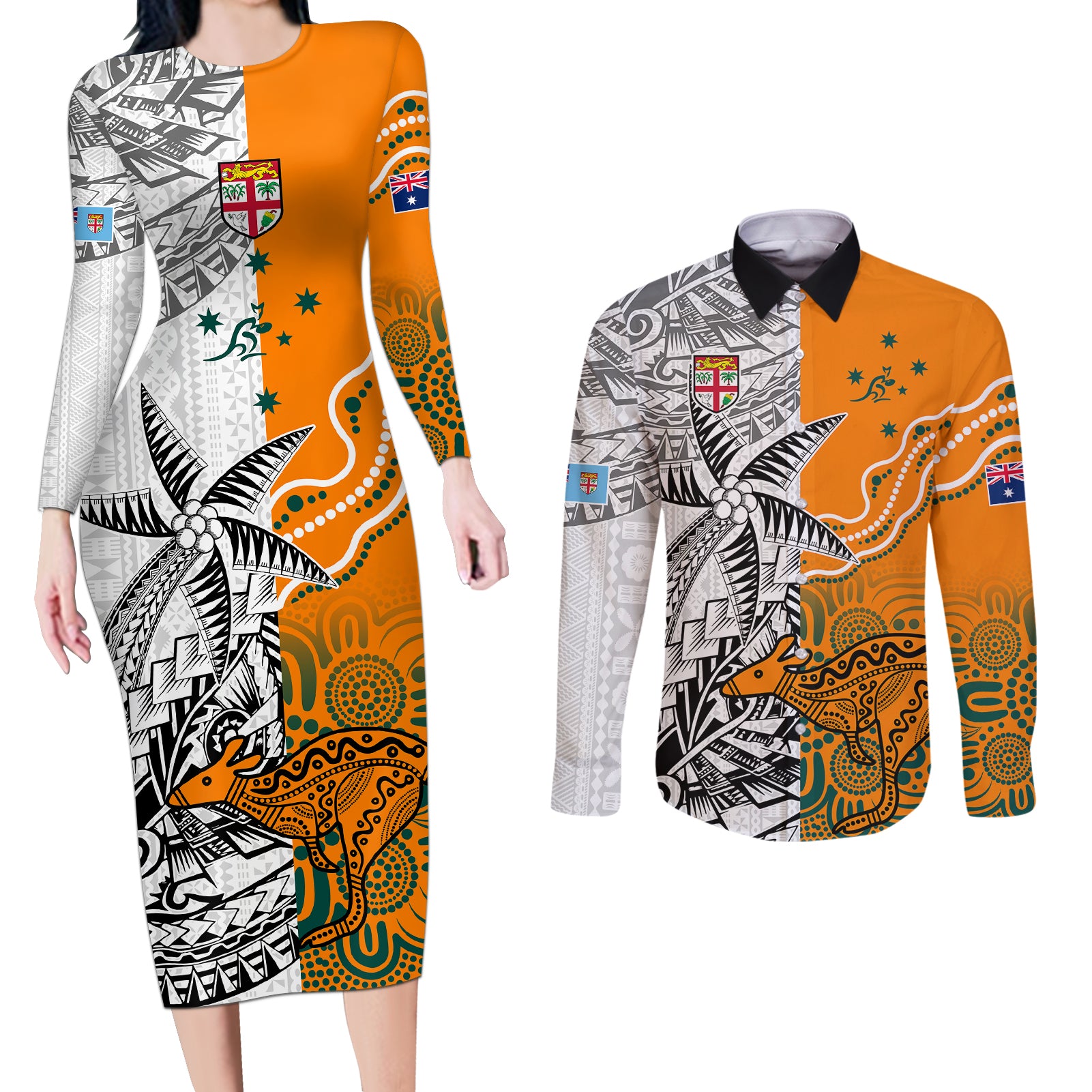 Fiji Australia Rugby Couples Matching Long Sleeve Bodycon Dress and Long Sleeve Button Shirts World Cup 2023 Polynesia Tapa Mixed Indigenous Aboriginal LT9 - Wonder Print Shop