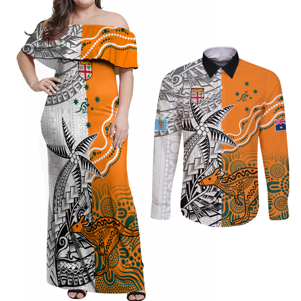 Fiji Australia Rugby Couples Matching Off Shoulder Maxi Dress and Long Sleeve Button Shirts World Cup 2023 Polynesia Tapa Mixed Indigenous Aboriginal LT9 - Wonder Print Shop