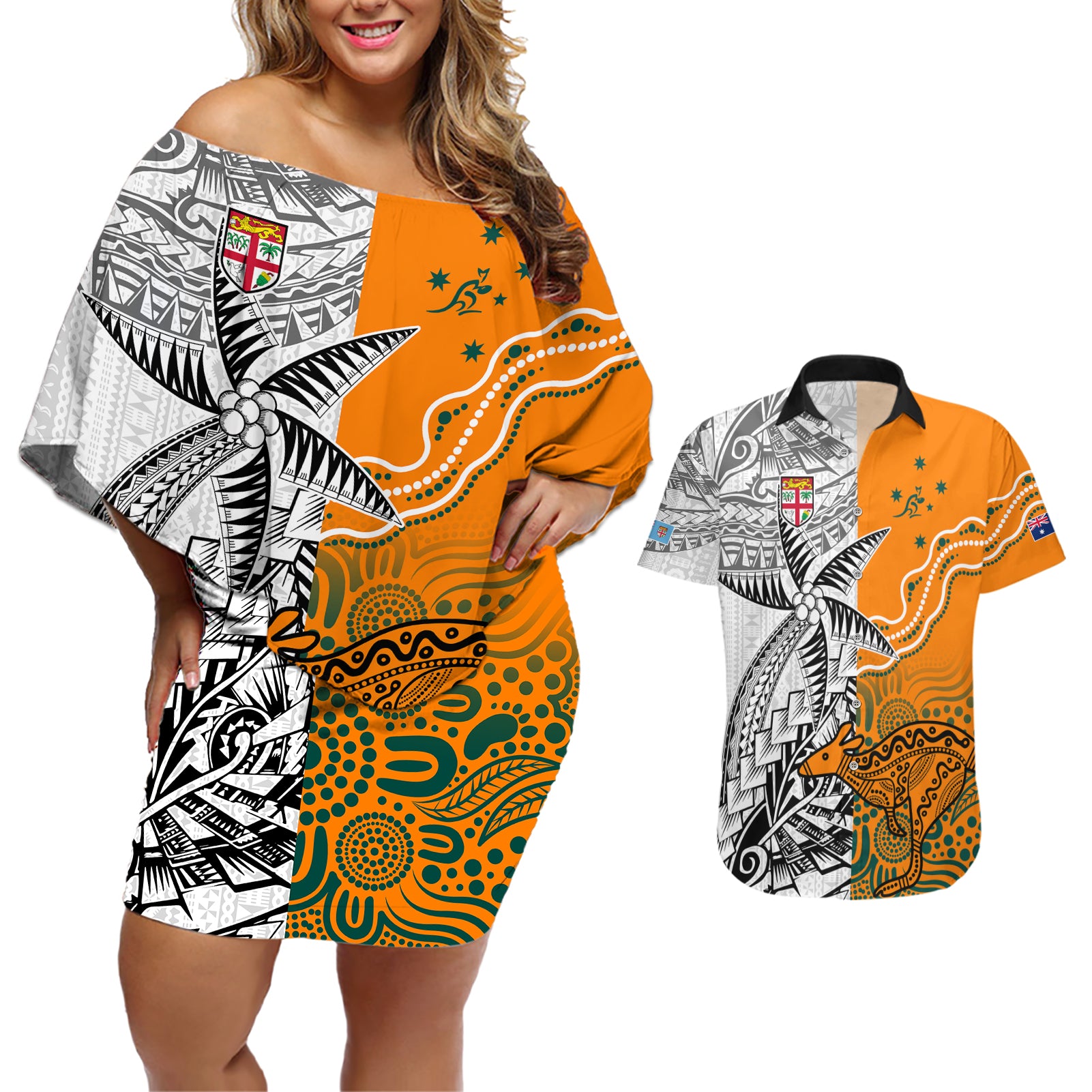 Fiji Australia Rugby Couples Matching Off Shoulder Short Dress and Hawaiian Shirt World Cup 2023 Polynesia Tapa Mixed Indigenous Aboriginal LT9 - Wonder Print Shop