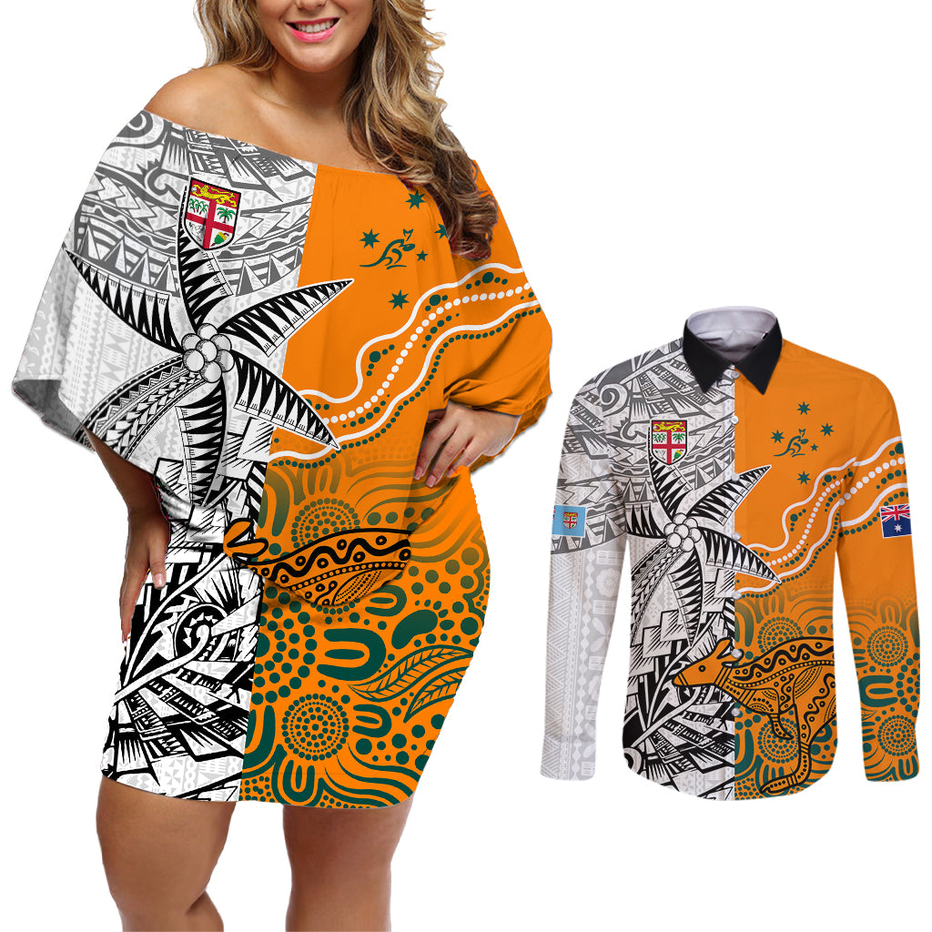 Fiji Australia Rugby Couples Matching Off Shoulder Short Dress and Long Sleeve Button Shirts World Cup 2023 Polynesia Tapa Mixed Indigenous Aboriginal LT9 - Wonder Print Shop