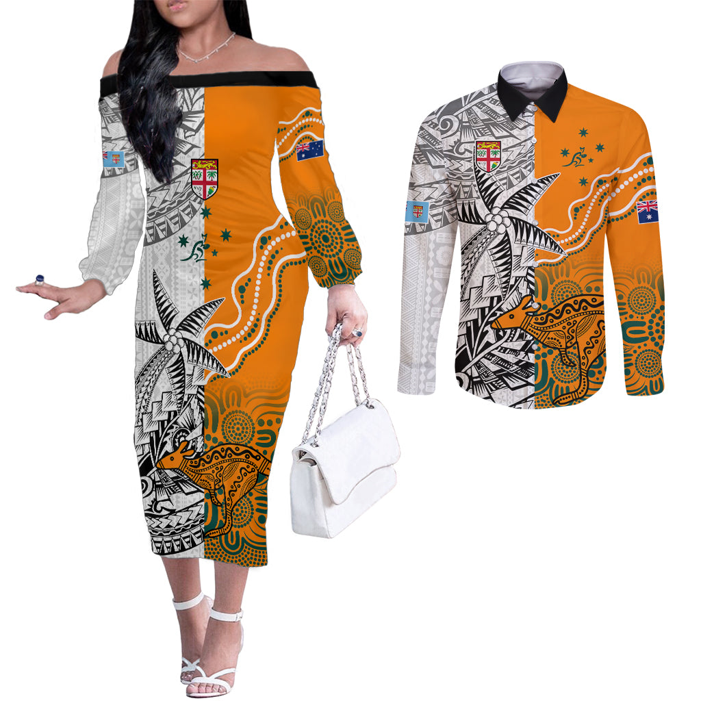 fiji-australia-rugby-couples-matching-off-the-shoulder-long-sleeve-dress-and-long-sleeve-button-shirts-world-cup-2023-polynesia-tapa-mixed-indigenous-aboriginal