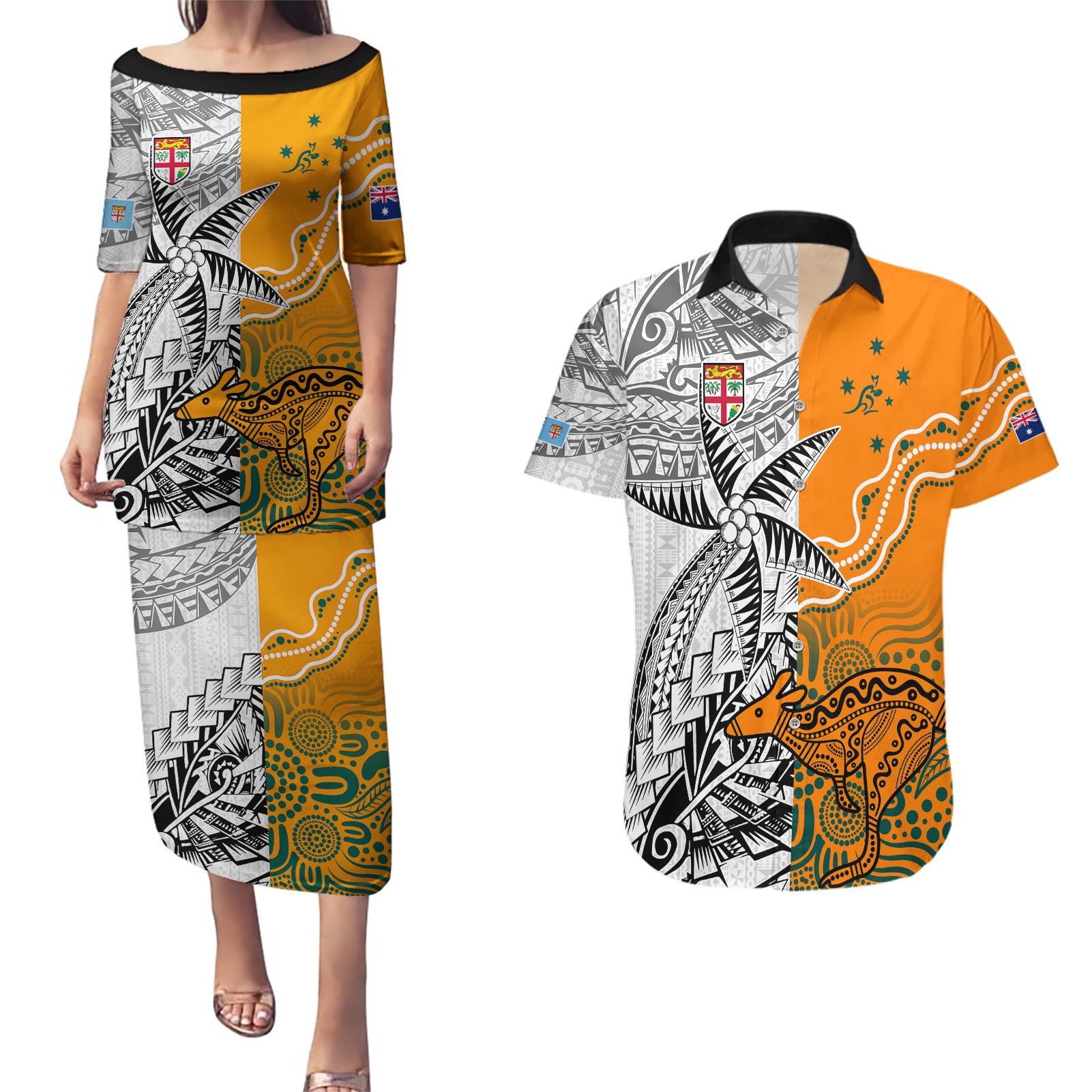 Fiji Australia Rugby Couples Matching Puletasi Dress and Hawaiian Shirt World Cup 2023 Polynesia Tapa Mixed Indigenous Aboriginal LT9 - Wonder Print Shop