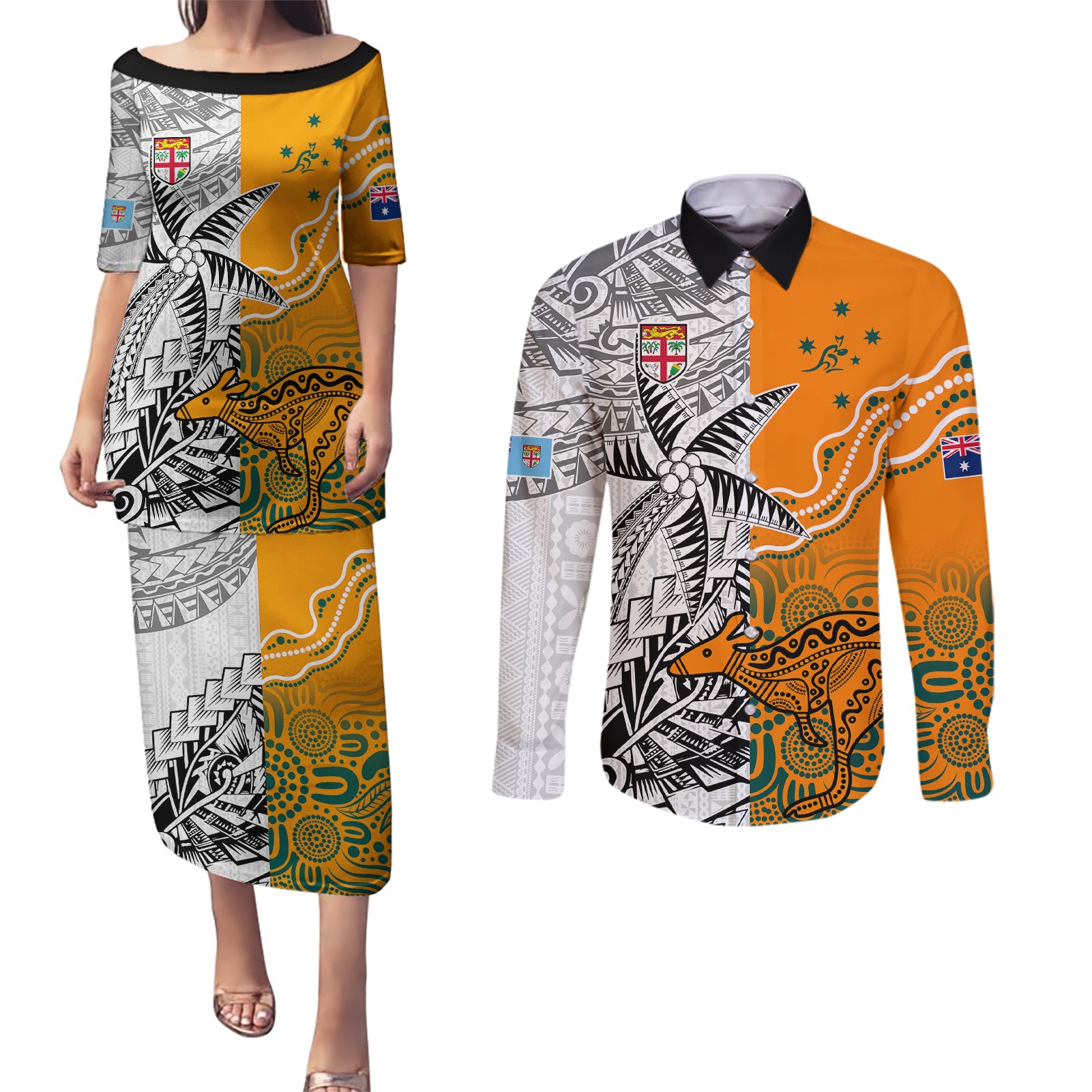 Fiji Australia Rugby Couples Matching Puletasi Dress and Long Sleeve Button Shirts World Cup 2023 Polynesia Tapa Mixed Indigenous Aboriginal LT9 - Wonder Print Shop