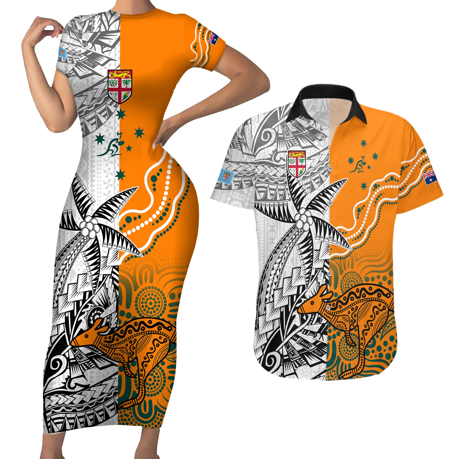 Fiji Australia Rugby Couples Matching Short Sleeve Bodycon Dress and Hawaiian Shirt World Cup 2023 Polynesia Tapa Mixed Indigenous Aboriginal LT9 - Wonder Print Shop