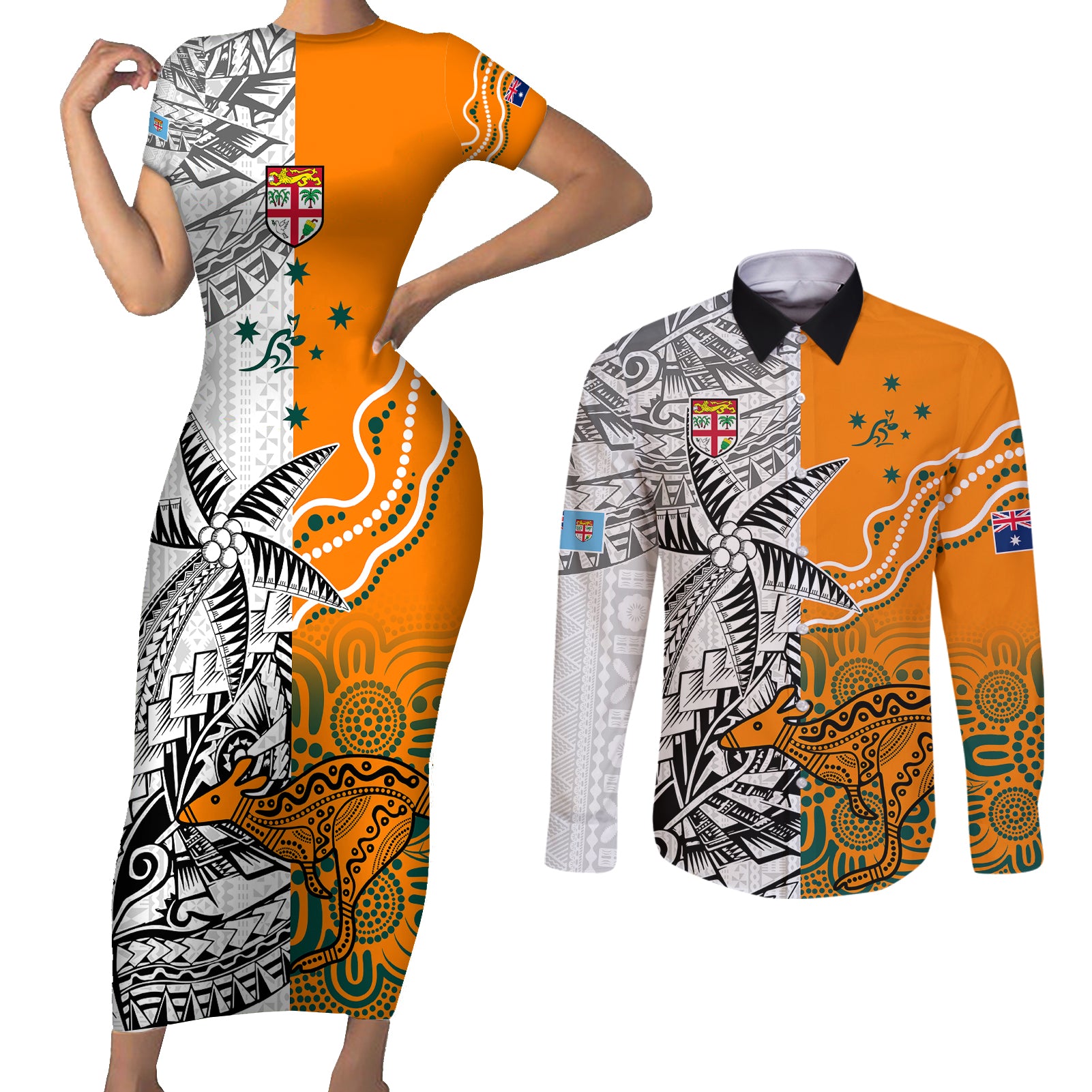 Fiji Australia Rugby Couples Matching Short Sleeve Bodycon Dress and Long Sleeve Button Shirts World Cup 2023 Polynesia Tapa Mixed Indigenous Aboriginal LT9 - Wonder Print Shop