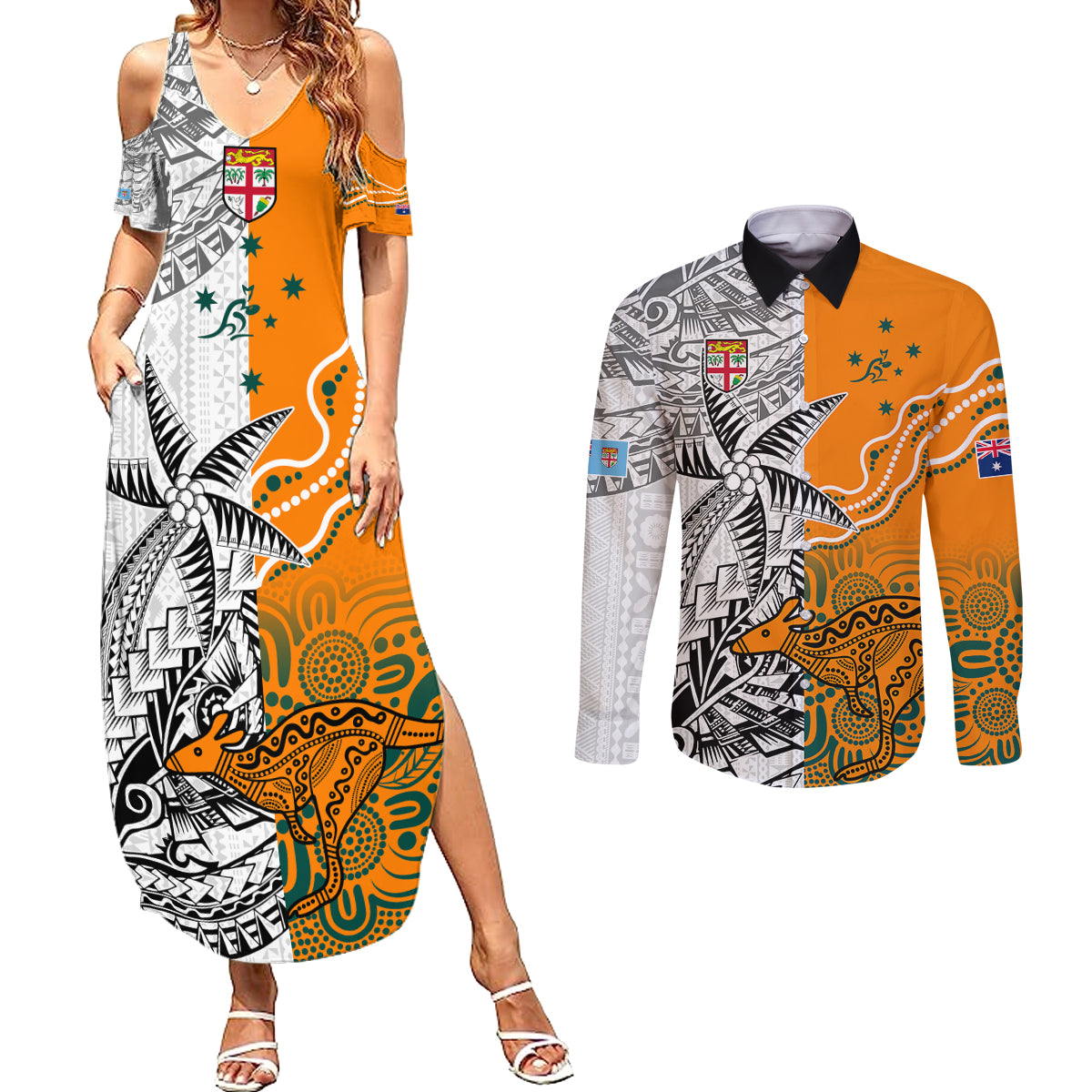 Fiji Australia Rugby Couples Matching Summer Maxi Dress and Long Sleeve Button Shirts World Cup 2023 Polynesia Tapa Mixed Indigenous Aboriginal LT9 - Wonder Print Shop