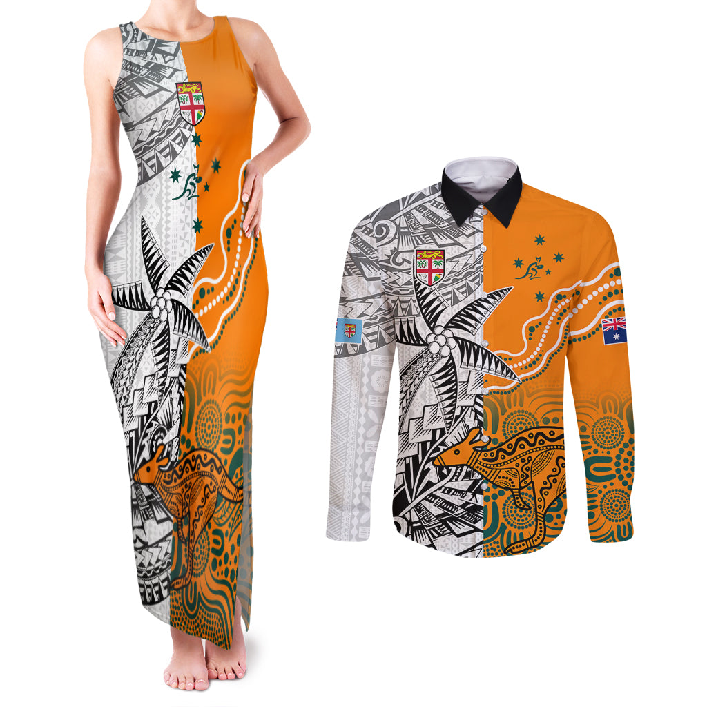 Fiji Australia Rugby Couples Matching Tank Maxi Dress and Long Sleeve Button Shirts World Cup 2023 Polynesia Tapa Mixed Indigenous Aboriginal LT9 - Wonder Print Shop