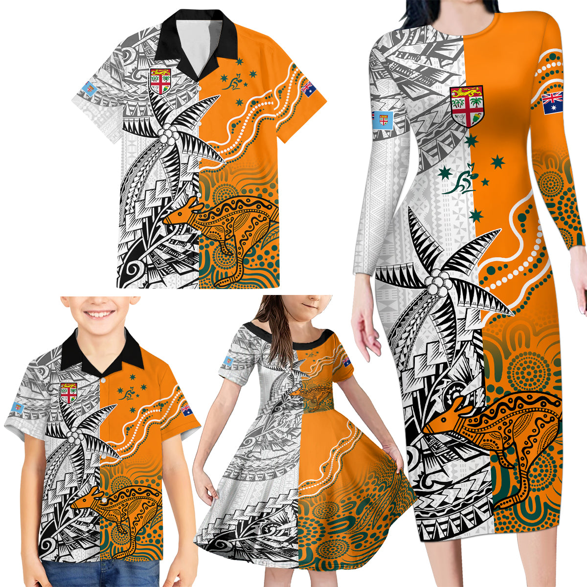 Fiji Australia Rugby Family Matching Long Sleeve Bodycon Dress and Hawaiian Shirt World Cup 2023 Polynesia Tapa Mixed Indigenous Aboriginal LT9 - Wonder Print Shop