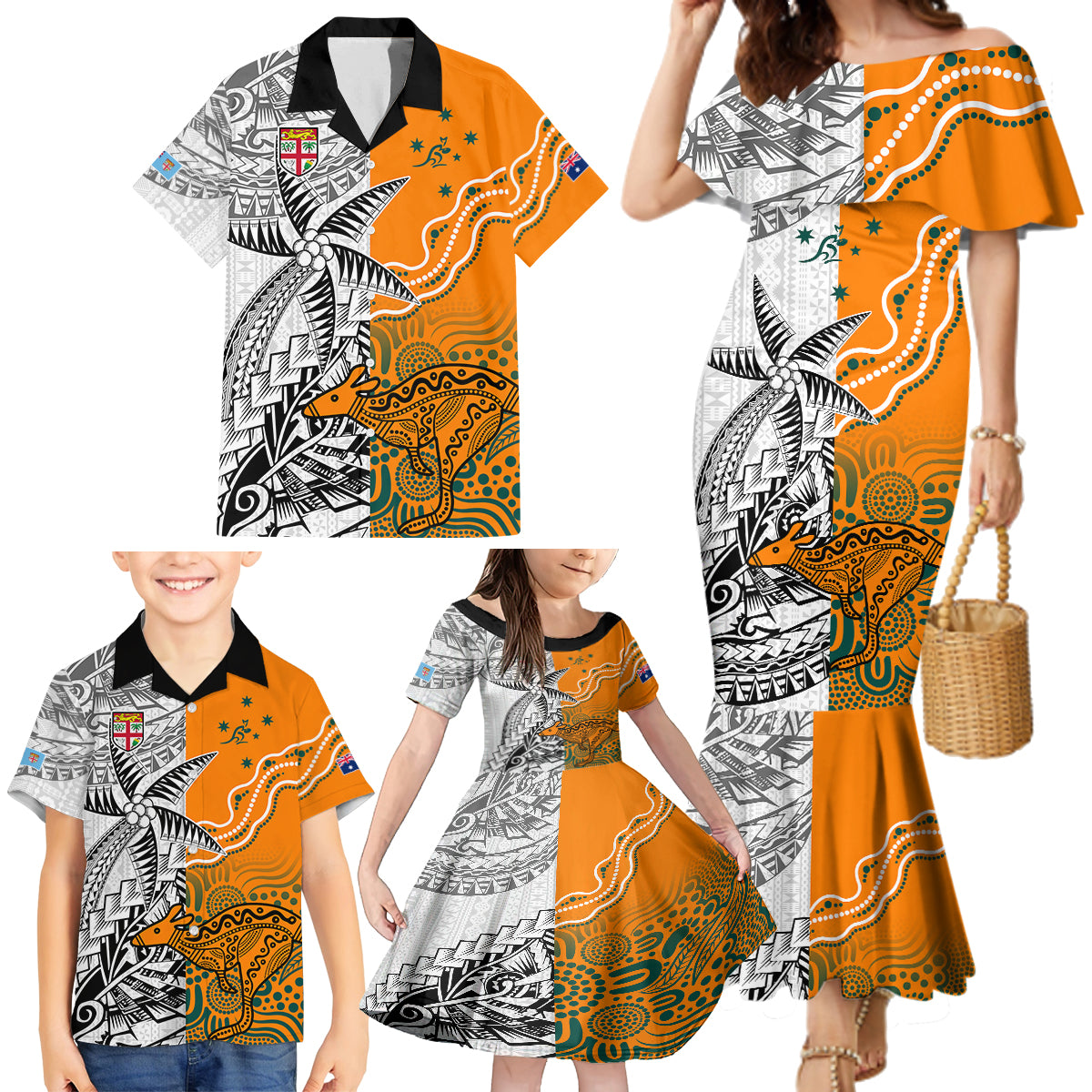 Fiji Australia Rugby Family Matching Mermaid Dress and Hawaiian Shirt World Cup 2023 Polynesia Tapa Mixed Indigenous Aboriginal LT9 - Wonder Print Shop