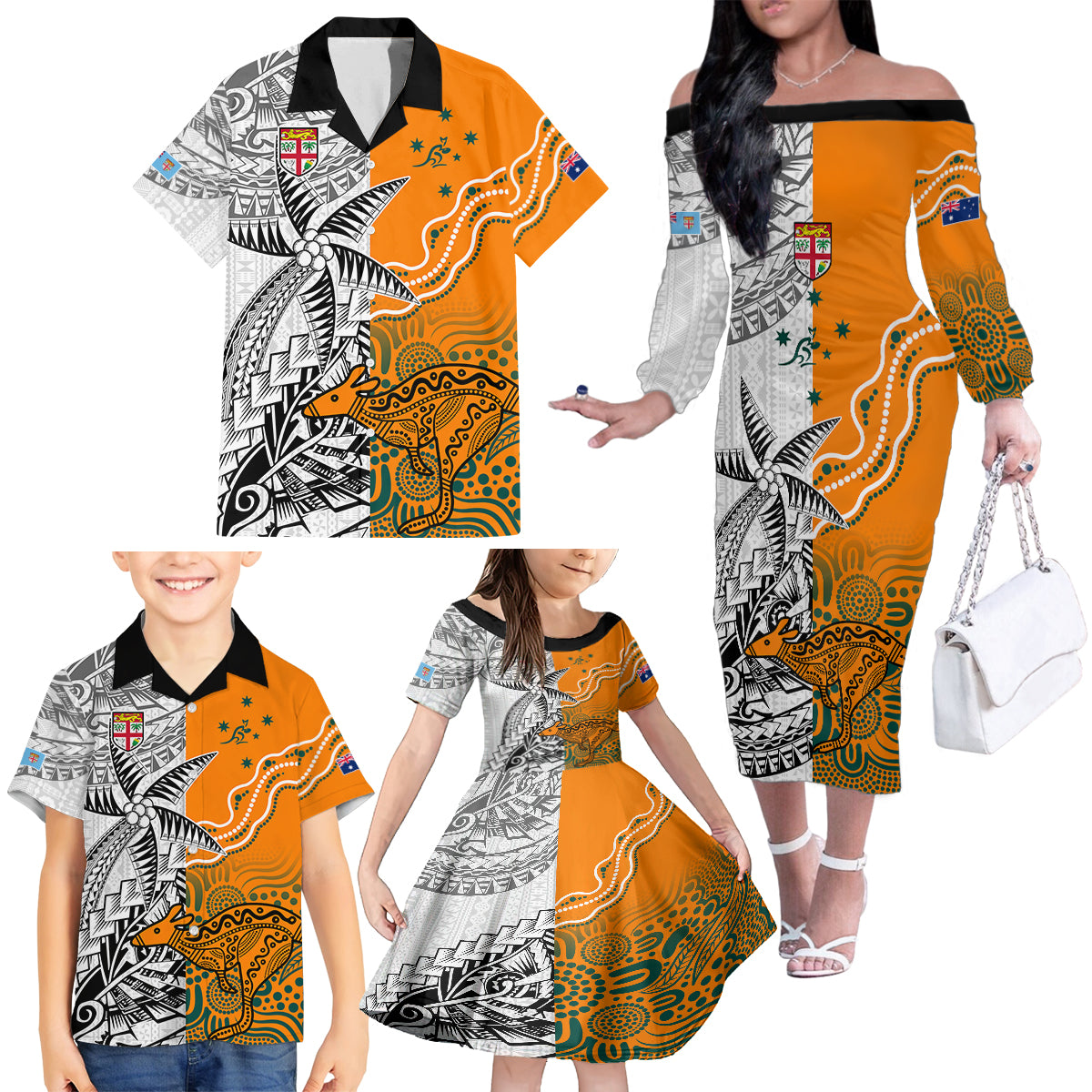 Fiji Australia Rugby Family Matching Off Shoulder Long Sleeve Dress and Hawaiian Shirt World Cup 2023 Polynesia Tapa Mixed Indigenous Aboriginal - Wonder Print Shop