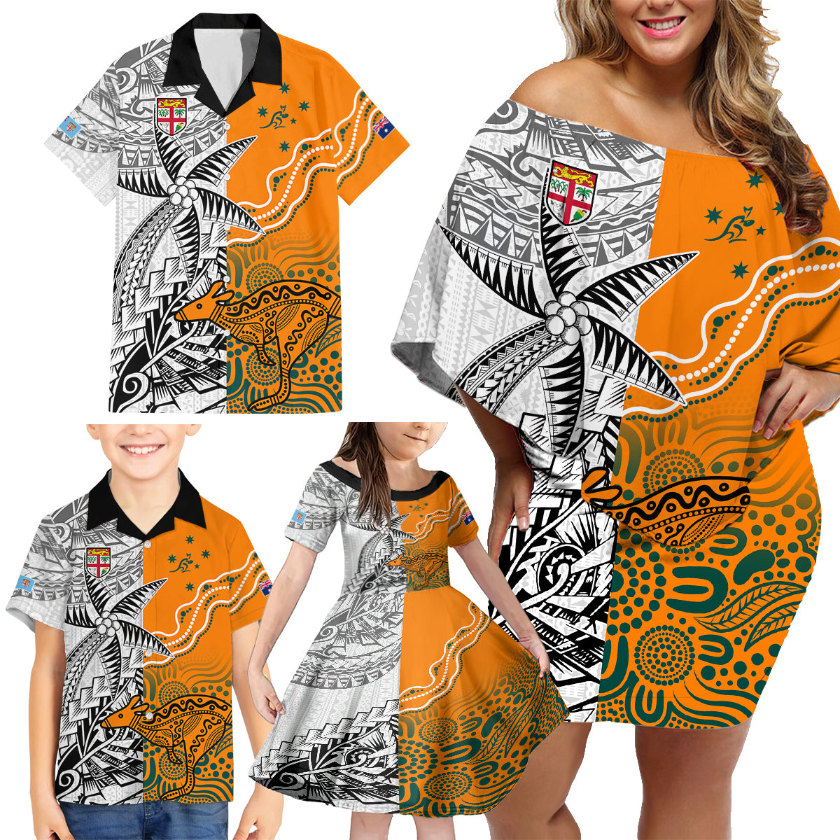 Fiji Australia Rugby Family Matching Off Shoulder Short Dress and Hawaiian Shirt World Cup 2023 Polynesia Tapa Mixed Indigenous Aboriginal LT9 - Wonder Print Shop