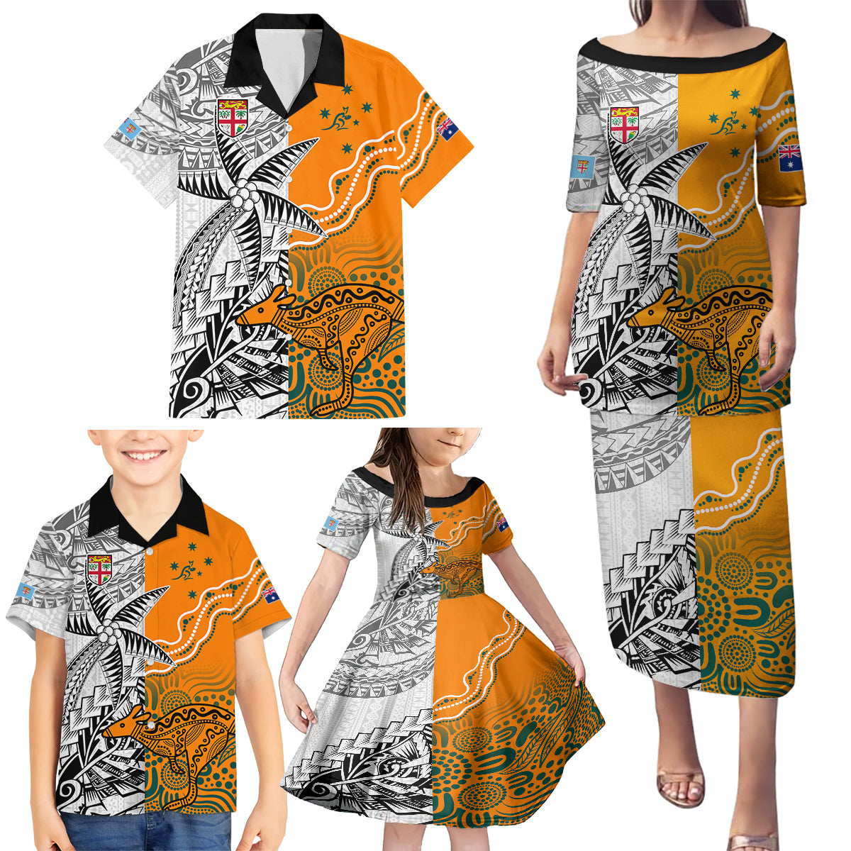 Fiji Australia Rugby Family Matching Puletasi Dress and Hawaiian Shirt World Cup 2023 Polynesia Tapa Mixed Indigenous Aboriginal - Wonder Print Shop