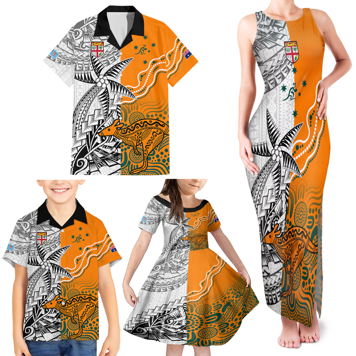 Fiji Australia Rugby Family Matching Tank Maxi Dress and Hawaiian Shirt World Cup 2023 Polynesia Tapa Mixed Indigenous Aboriginal - Wonder Print Shop