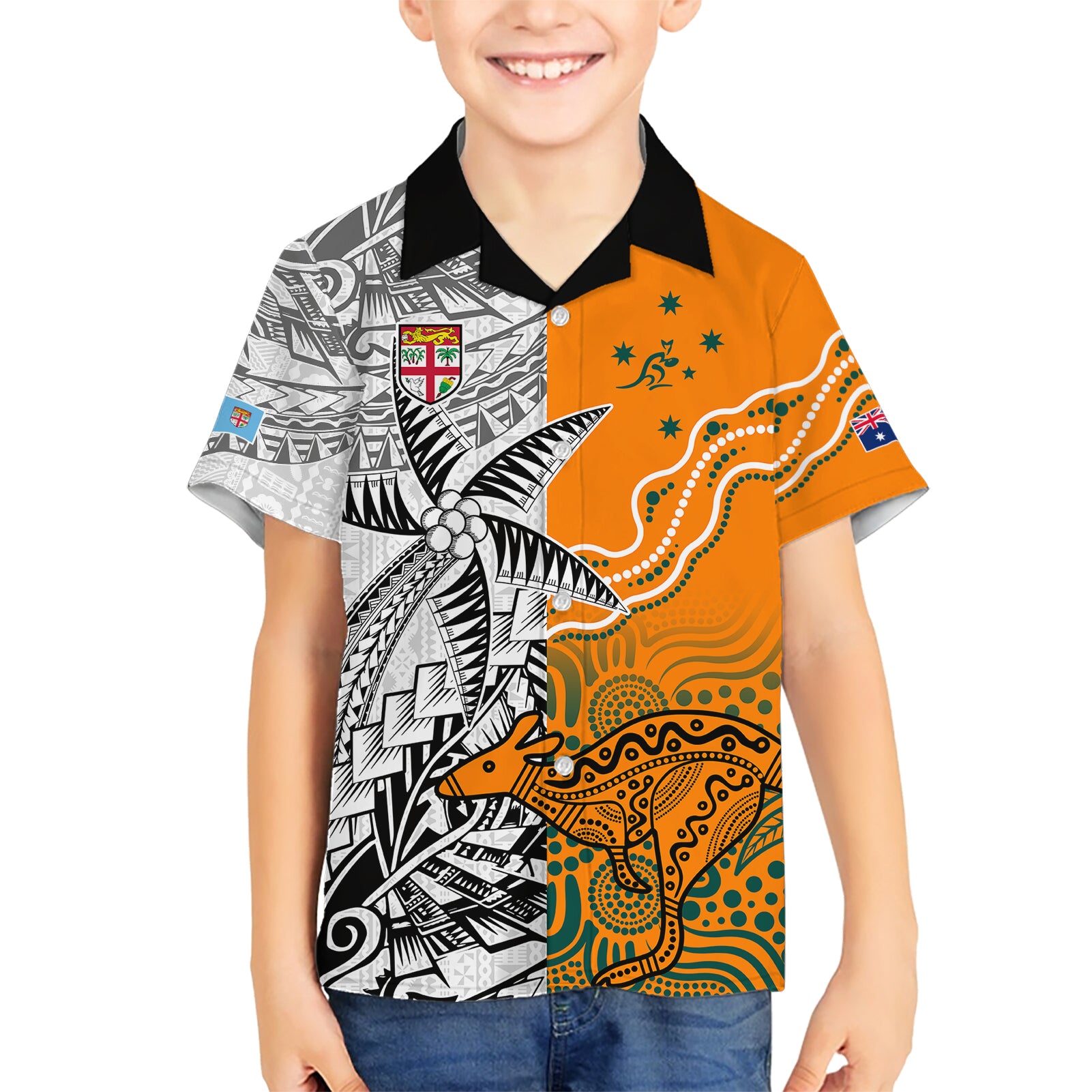 Fiji Australia Rugby Kid Hawaiian Shirt World Cup 2023 Polynesia Tapa Mixed Indigenous Aboriginal - Wonder Print Shop