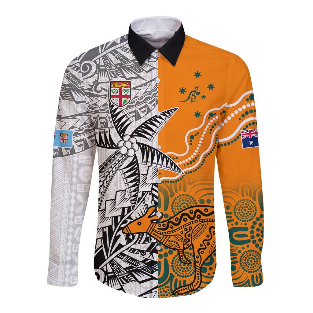 Fiji Australia Rugby Long Sleeve Button Shirt World Cup 2023 Polynesia Tapa Mixed Indigenous Aboriginal - Wonder Print Shop