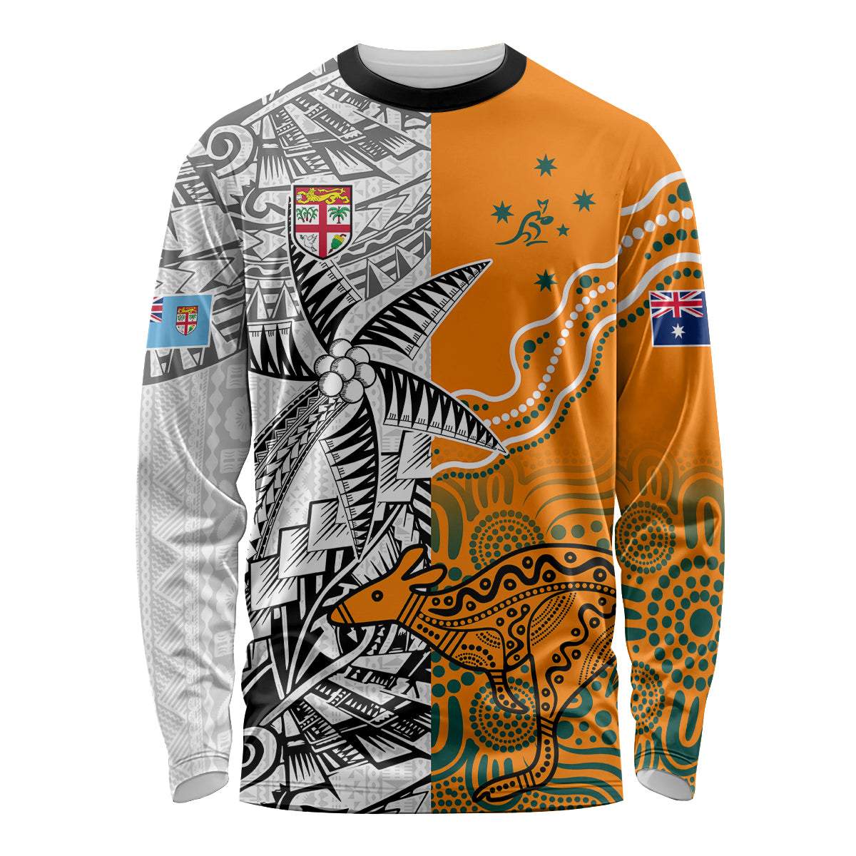 Fiji Australia Rugby Long Sleeve Shirt World Cup 2023 Polynesia Tapa Mixed Indigenous Aboriginal - Wonder Print Shop