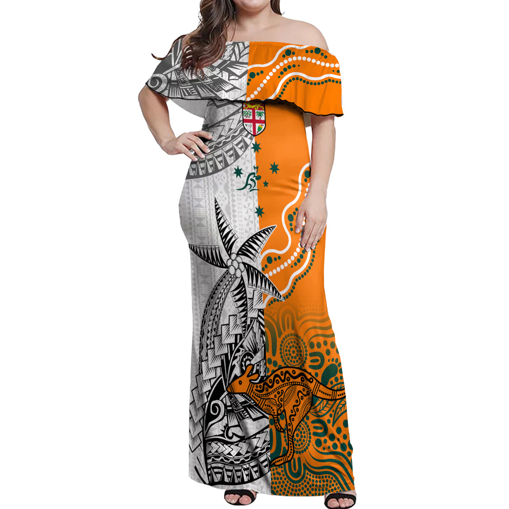 Fiji Australia Rugby Off Shoulder Maxi Dress World Cup 2023 Polynesia Tapa Mixed Indigenous Aboriginal - Wonder Print Shop