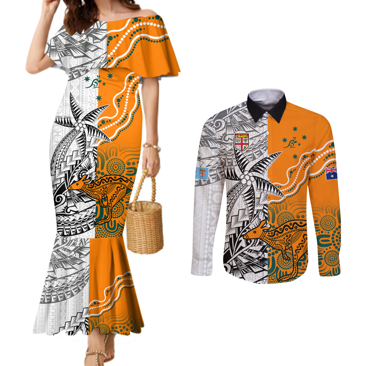 personalised-fiji-australia-rugby-couples-matching-mermaid-dress-and-long-sleeve-button-shirts-world-cup-2023-polynesia-tapa-mixed-indigenous-aboriginal