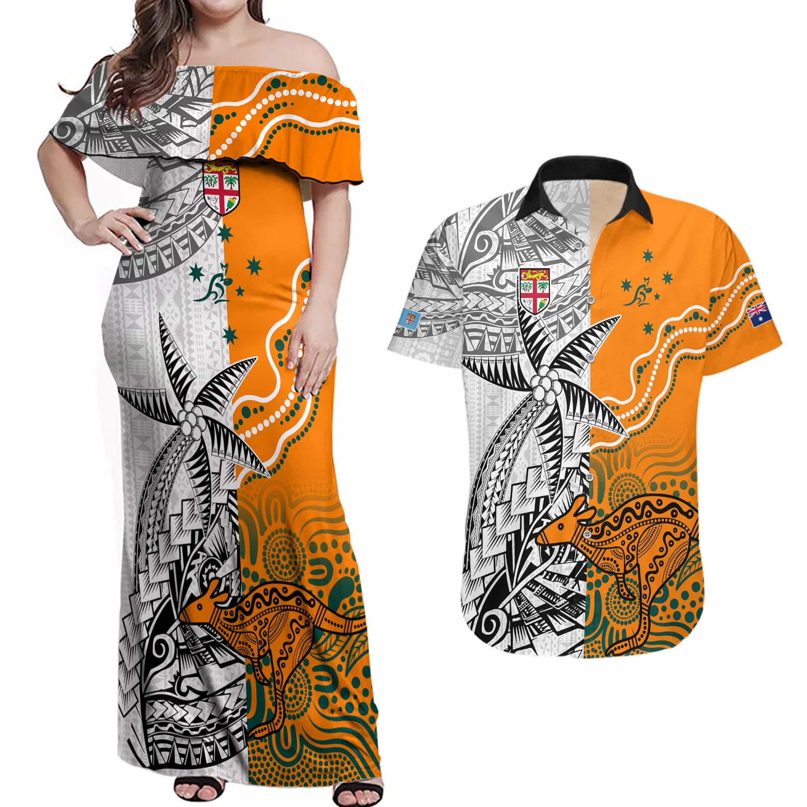 Personalised Fiji Australia Rugby Couples Matching Off Shoulder Maxi Dress and Hawaiian Shirt World Cup 2023 Polynesia Tapa Mixed Indigenous Aboriginal LT9 - Wonder Print Shop