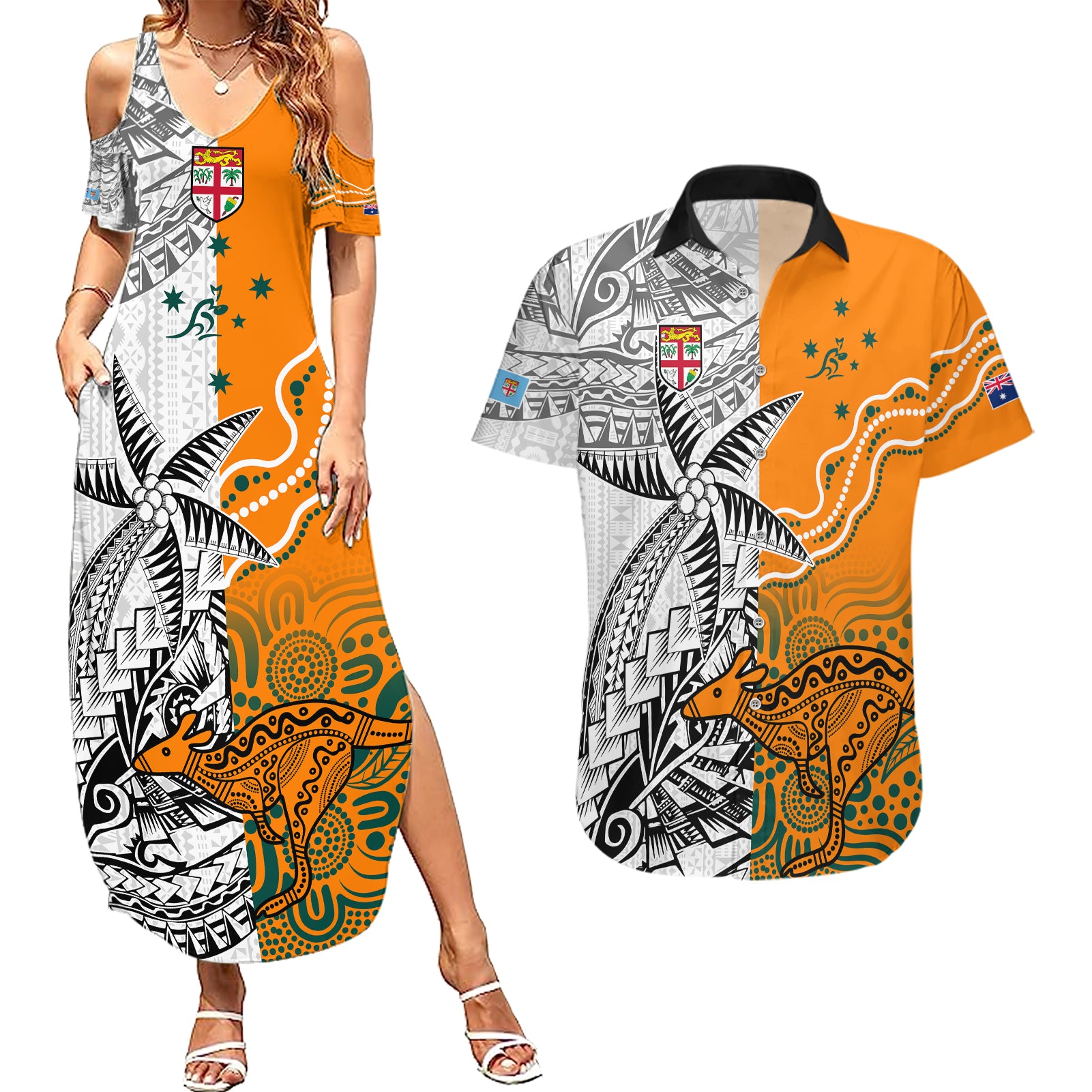 Personalised Fiji Australia Rugby Couples Matching Summer Maxi Dress and Hawaiian Shirt World Cup 2023 Polynesia Tapa Mixed Indigenous Aboriginal LT9 - Wonder Print Shop