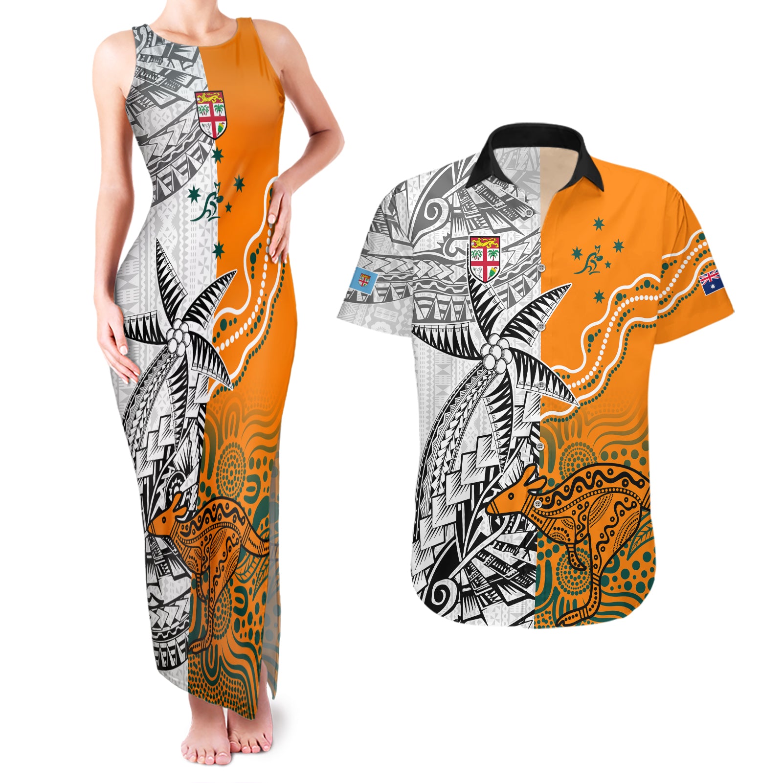 Personalised Fiji Australia Rugby Couples Matching Tank Maxi Dress and Hawaiian Shirt World Cup 2023 Polynesia Tapa Mixed Indigenous Aboriginal LT9 - Wonder Print Shop