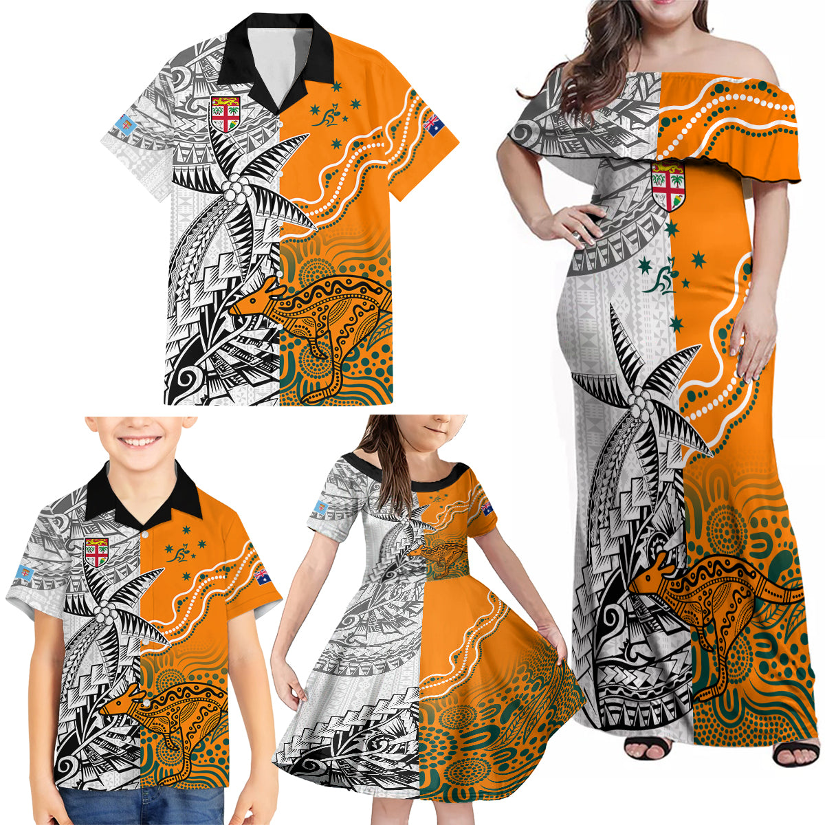 Personalised Fiji Australia Rugby Family Matching Off Shoulder Maxi Dress and Hawaiian Shirt World Cup 2023 Polynesia Tapa Mixed Indigenous Aboriginal LT9 - Wonder Print Shop