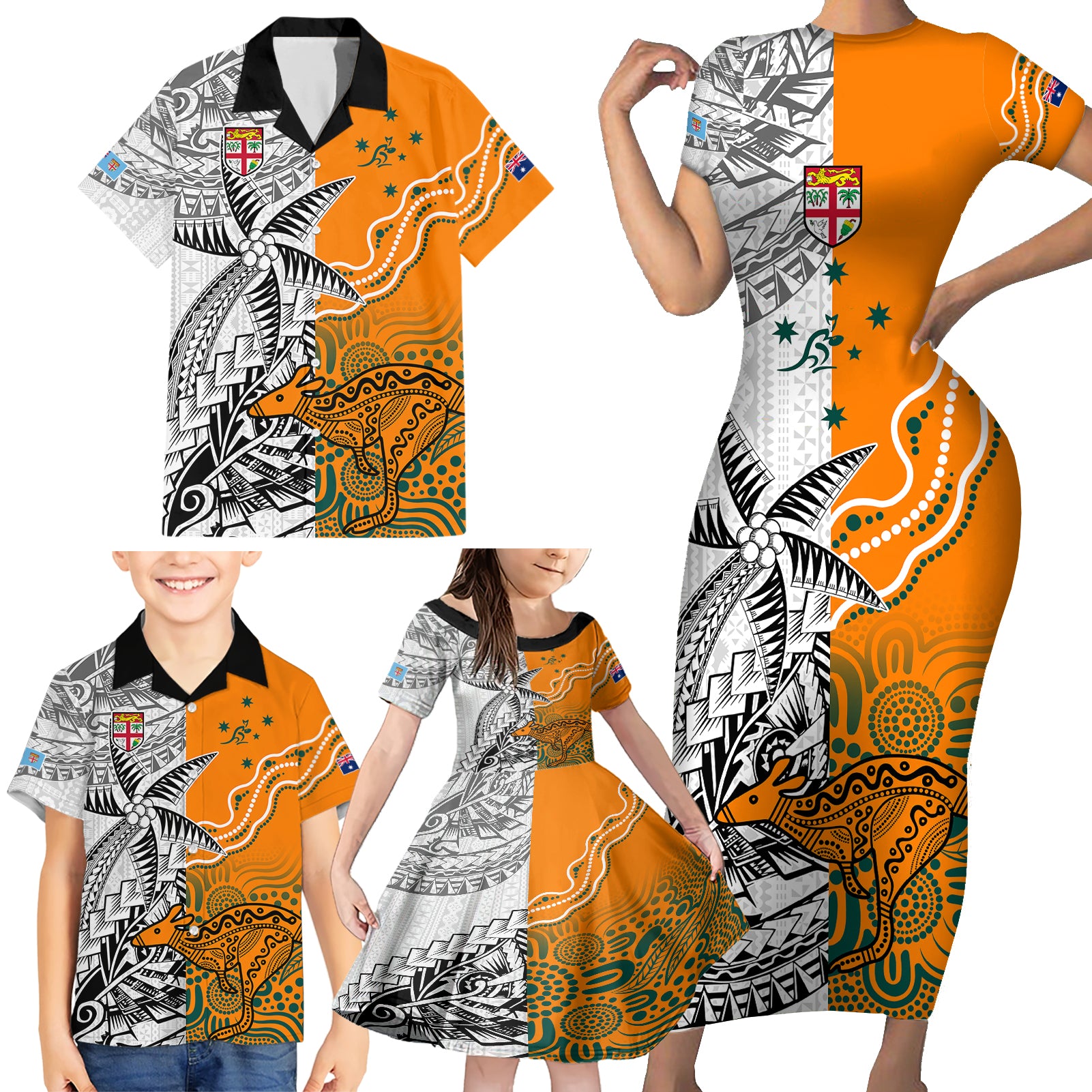 Personalised Fiji Australia Rugby Family Matching Short Sleeve Bodycon Dress and Hawaiian Shirt World Cup 2023 Polynesia Tapa Mixed Indigenous Aboriginal - Wonder Print Shop